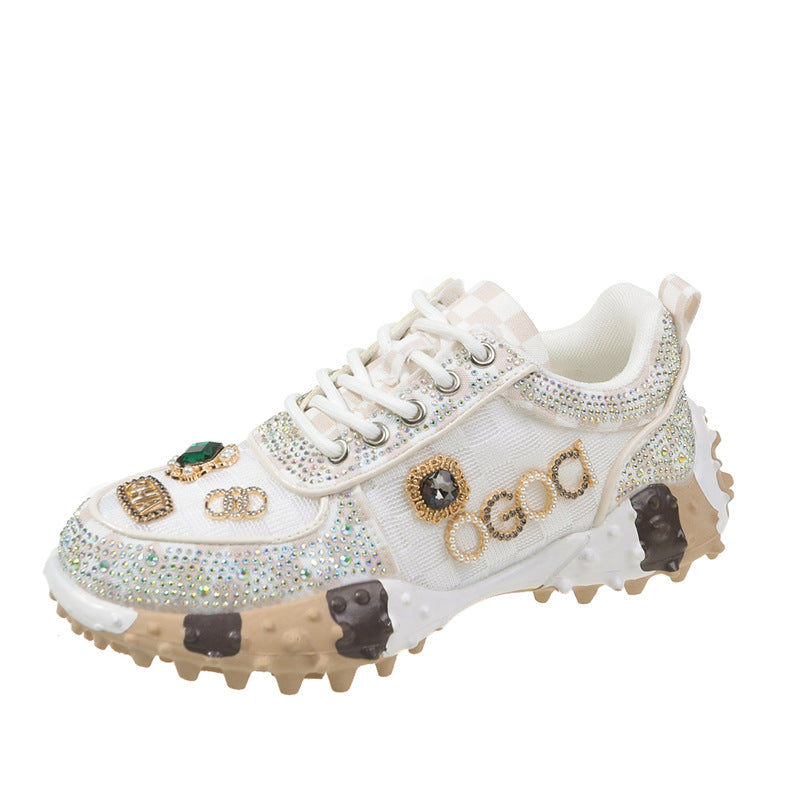 Women’s Lumira Embroidered Letter Mesh Platform Sneakers – Rhinestone Detail Chunky Sole Light Luxury Fashion Sneakers (US 4–10.5)
