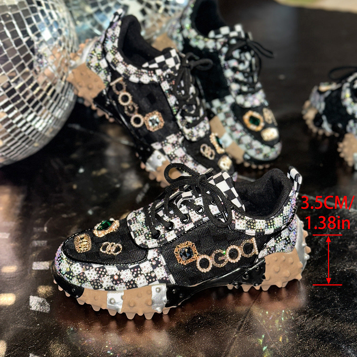 Women’s Lumira Embroidered Letter Mesh Platform Sneakers – Rhinestone Detail Chunky Sole Light Luxury Fashion Sneakers (US 4–10.5)