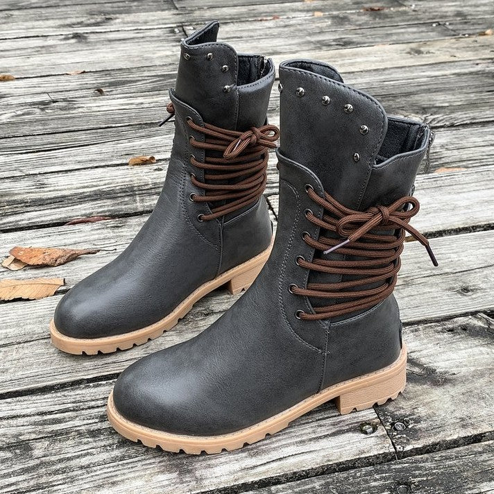 Women's Rivet Roma Boots - Side Lace Chunky Heel Mid Calf Boots (US 4-10.5)