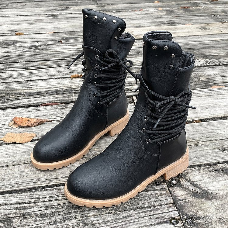 Women's Rivet Roma Boots - Side Lace Chunky Heel Mid Calf Boots (US 4-10.5)
