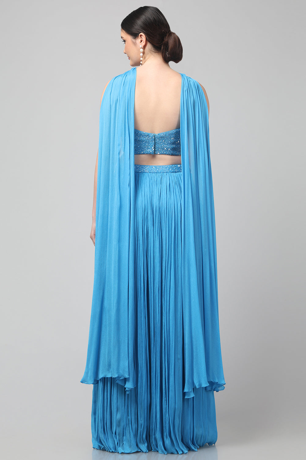 Sky-blue Corset with pleated Skirt & Dupatta