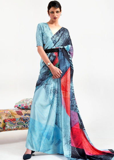 Sky Blue Digital Printed Satin Crepe Saree | Stitched Blouse - qivii