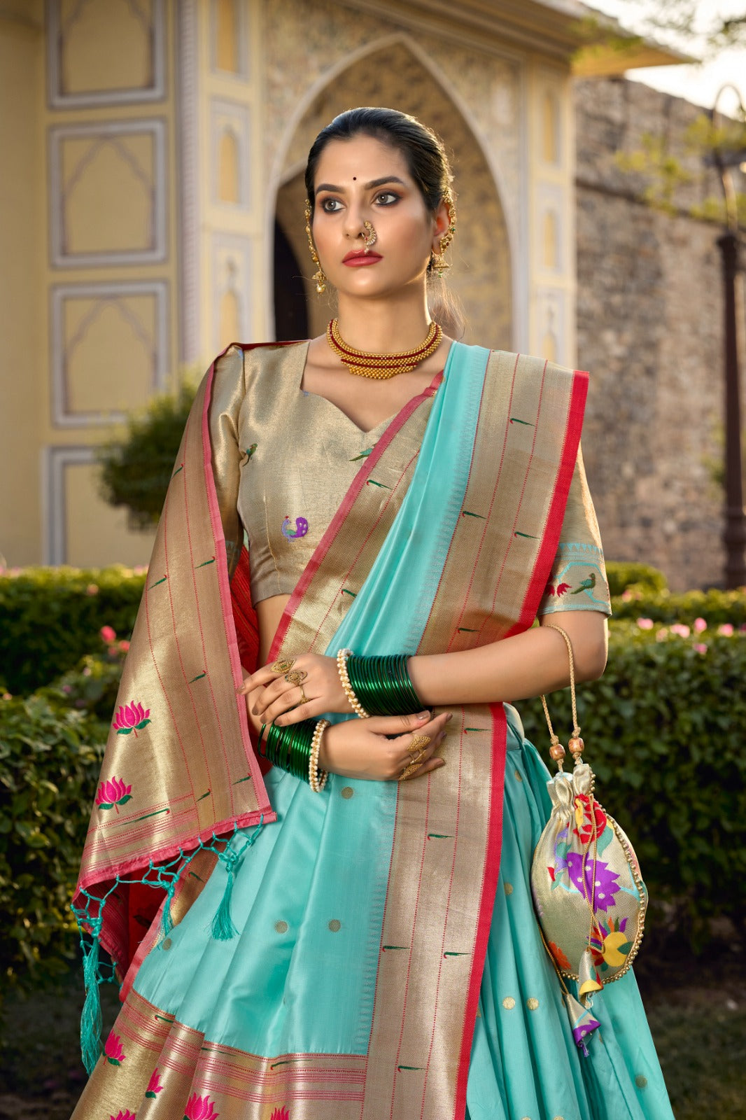 Sky Blue Jacquard Silk Weaving Zari Work Drawstring with Handmade Tassels Lehenga Choli | Ready To Wear - qivii