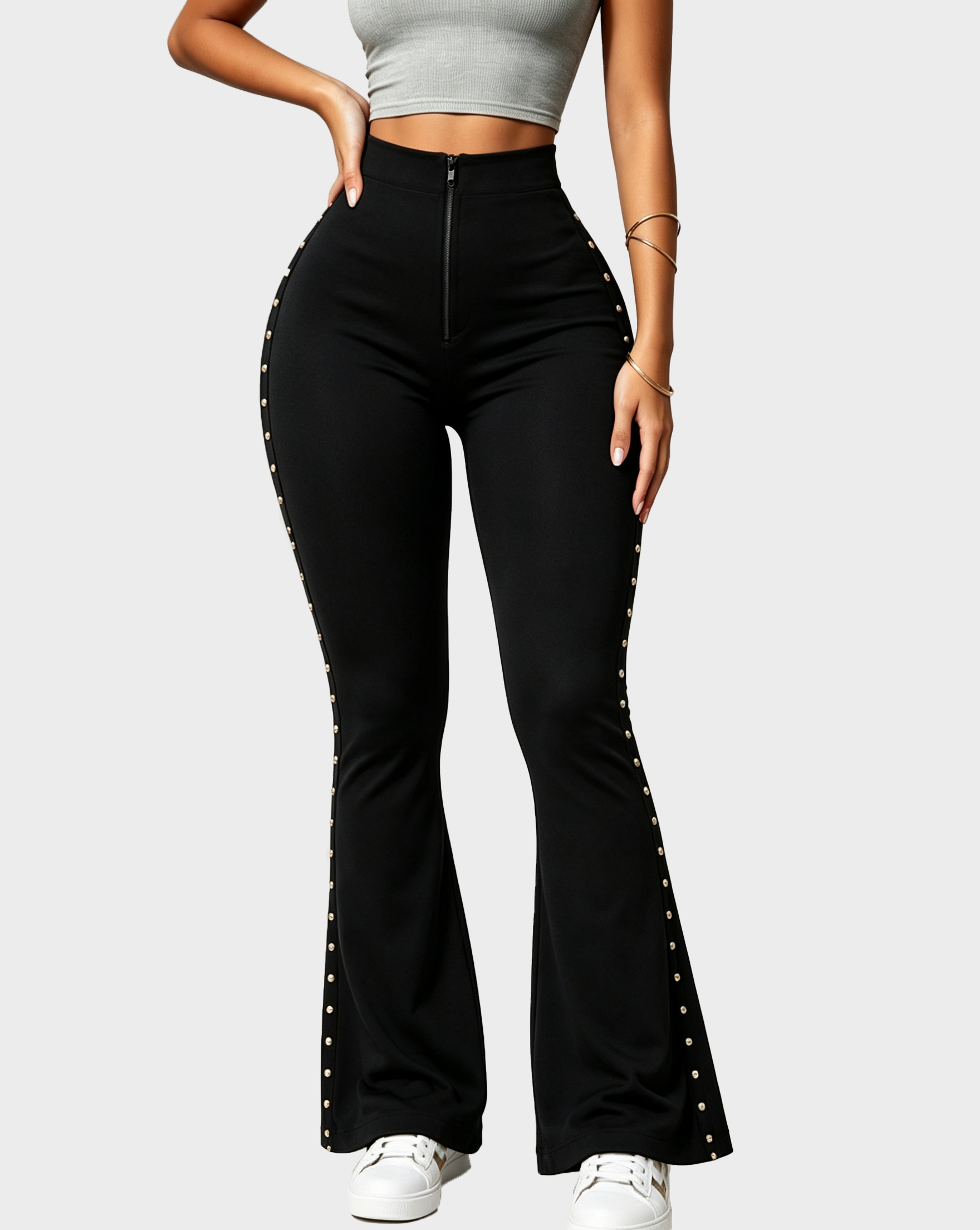 High Waist Studded Zipper Flared Tummy Control Shaping Pants - By Qivii