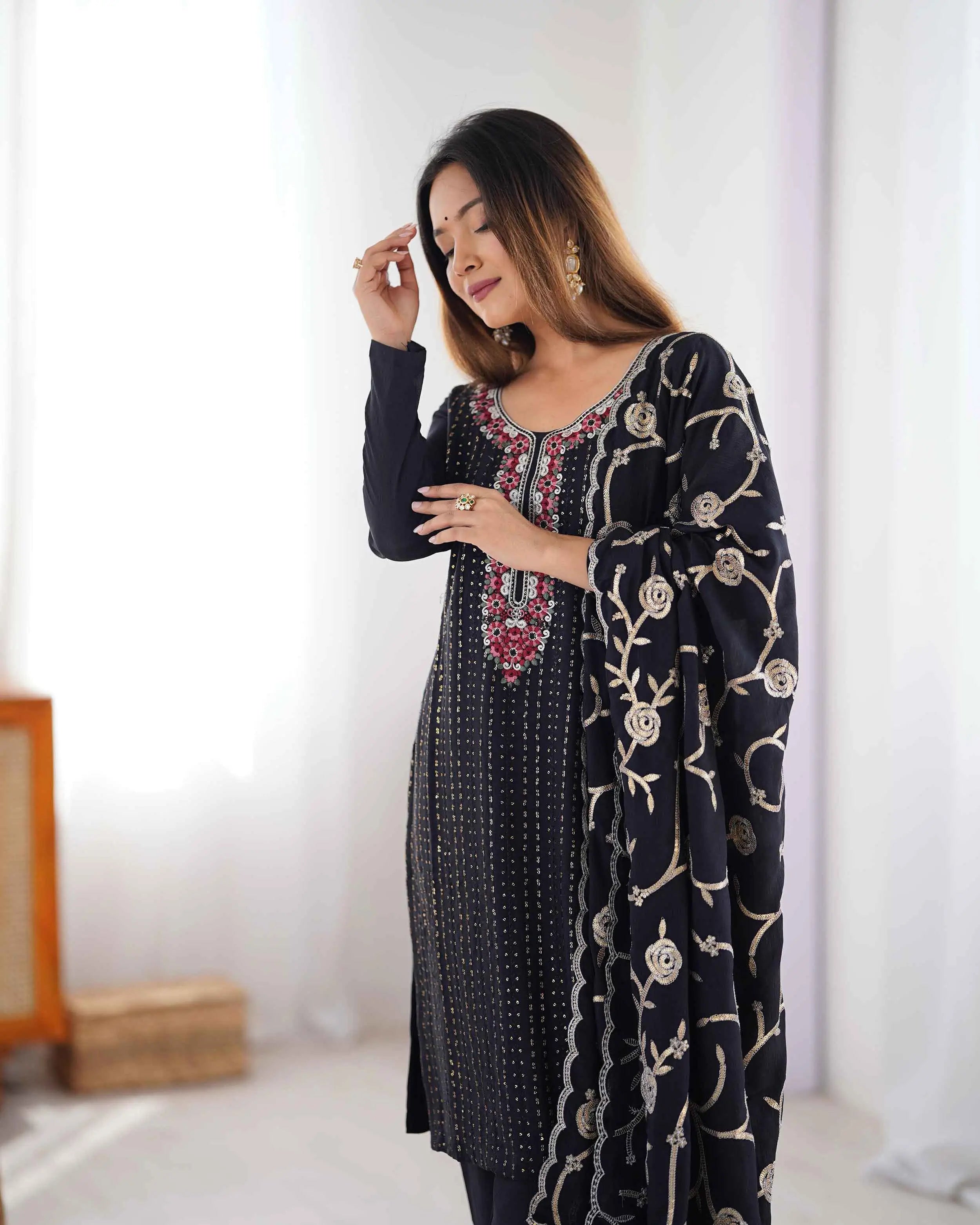 Black Designer Sequins Embroidery Work Salwar Suit With Dupatta