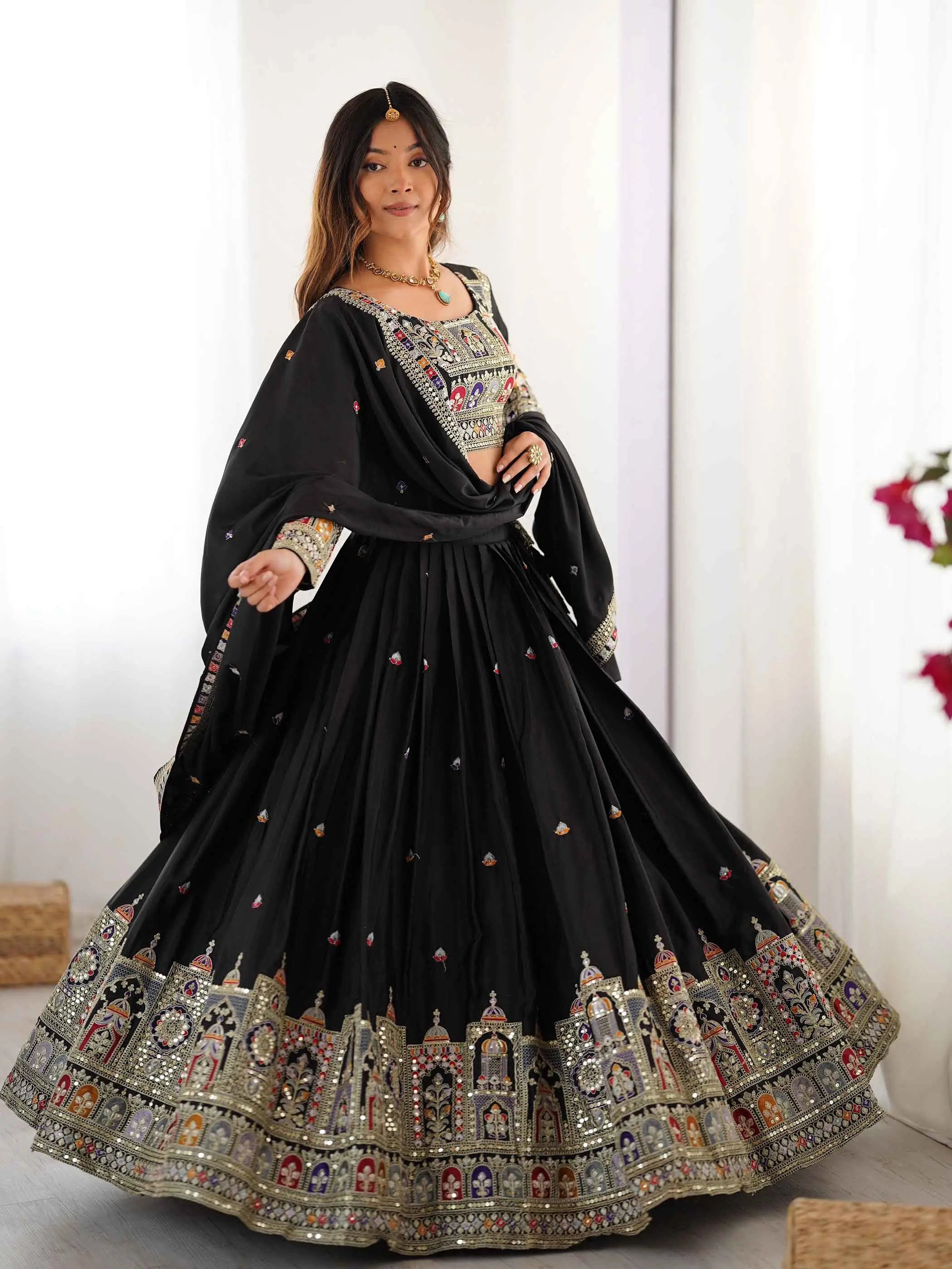 Beautiful Black Cording Dori Embroidery Work Lehenga With Dupatta - qivii