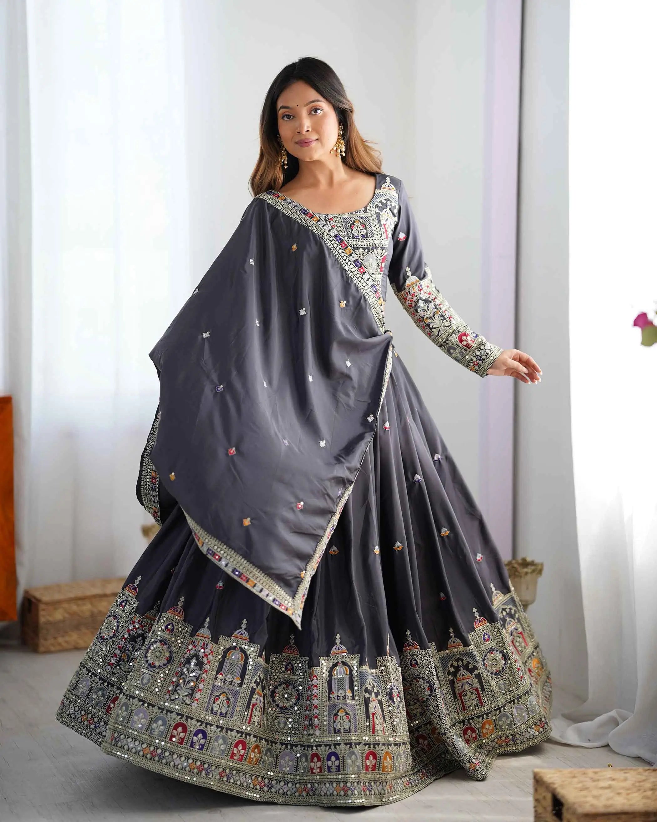Dark Black Grey Cording Dori Embroidery Work Lehenga With Dupatta - qivii