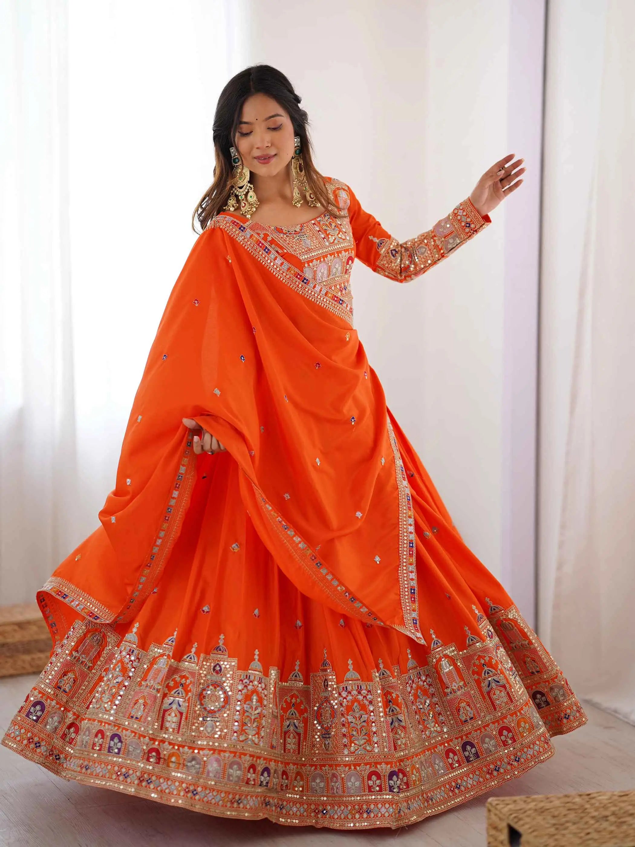 Deep Orange Cording Dori Embroidery Work Lehenga With Dupatta - qivii