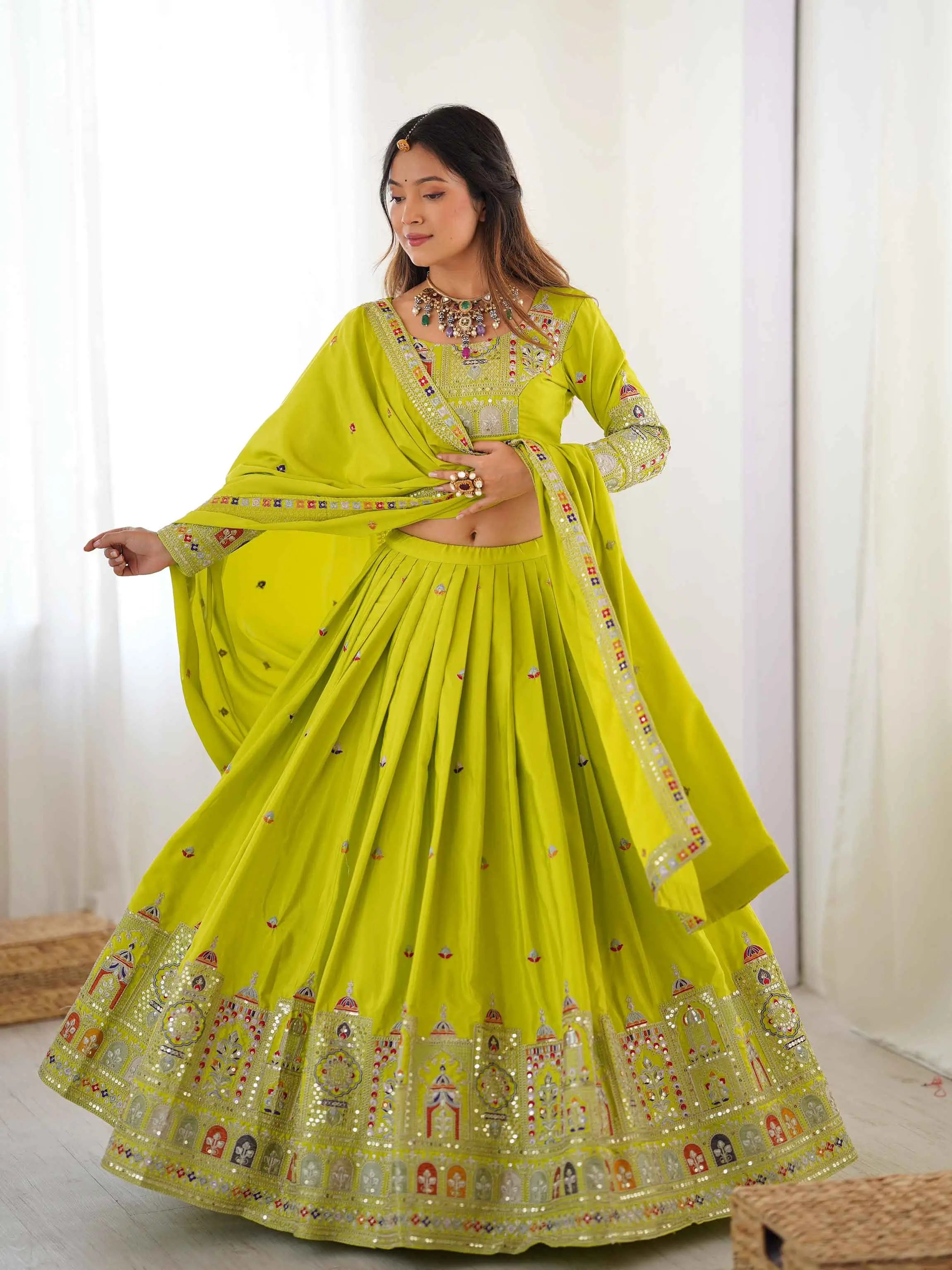 Neon Parrot Cording Dori Embroidery Work Lehenga With Dupatta - qivii
