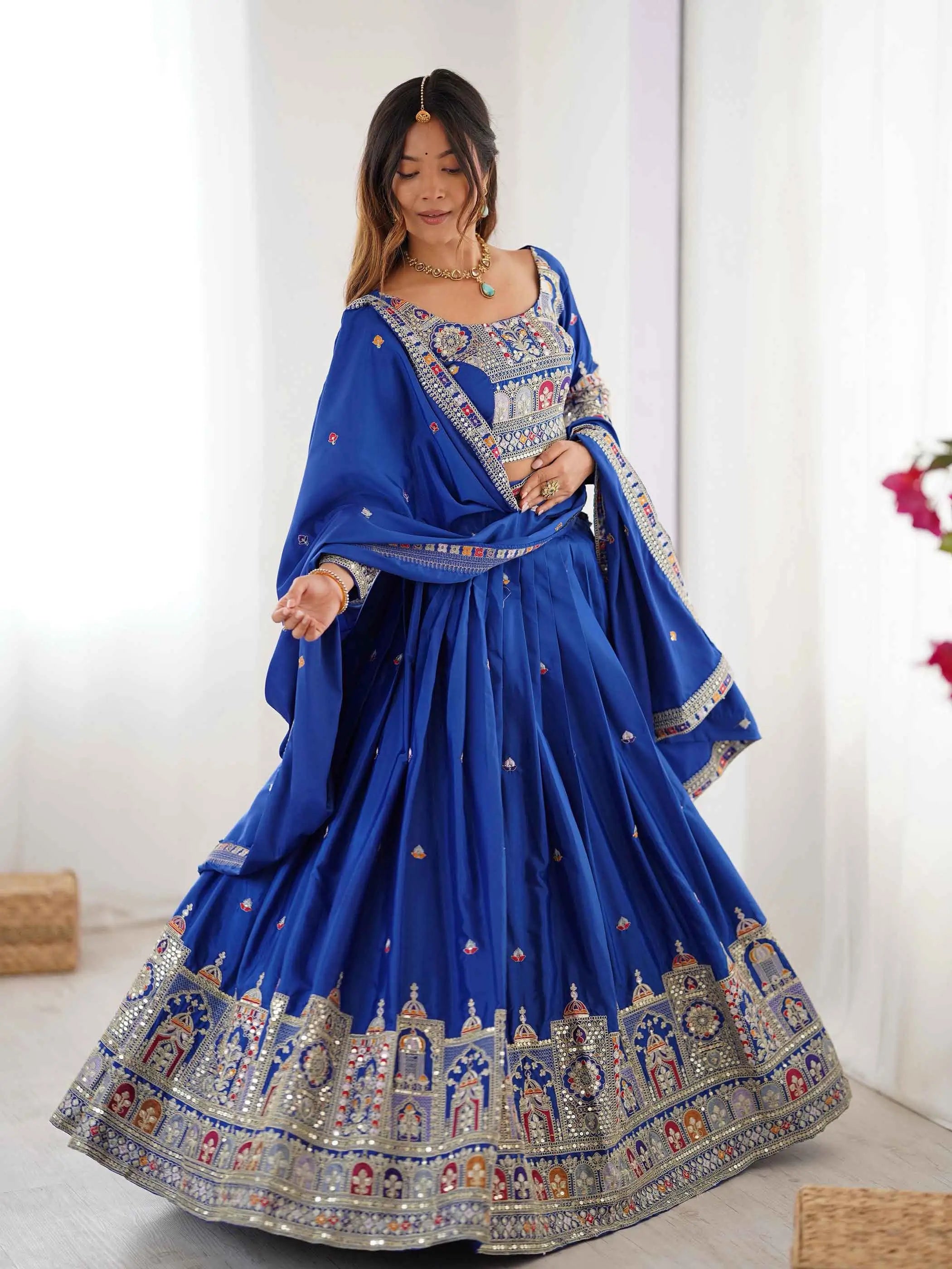 Royal Blue Cording Dori Embroidery Work Lehenga With Dupatta - qivii