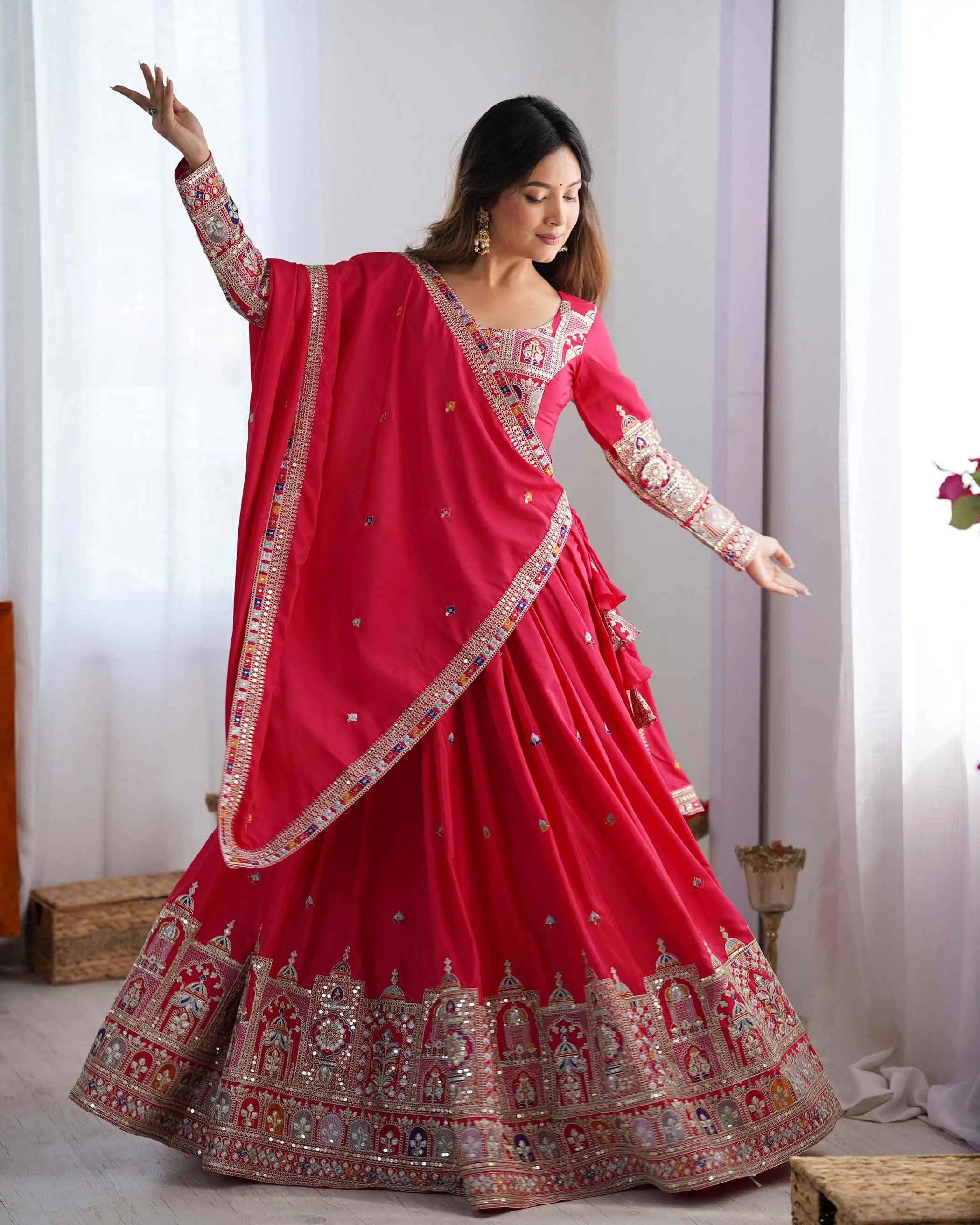 Paprika Red Cording Dori Embroidery Work Lehenga With Dupatta - qivii