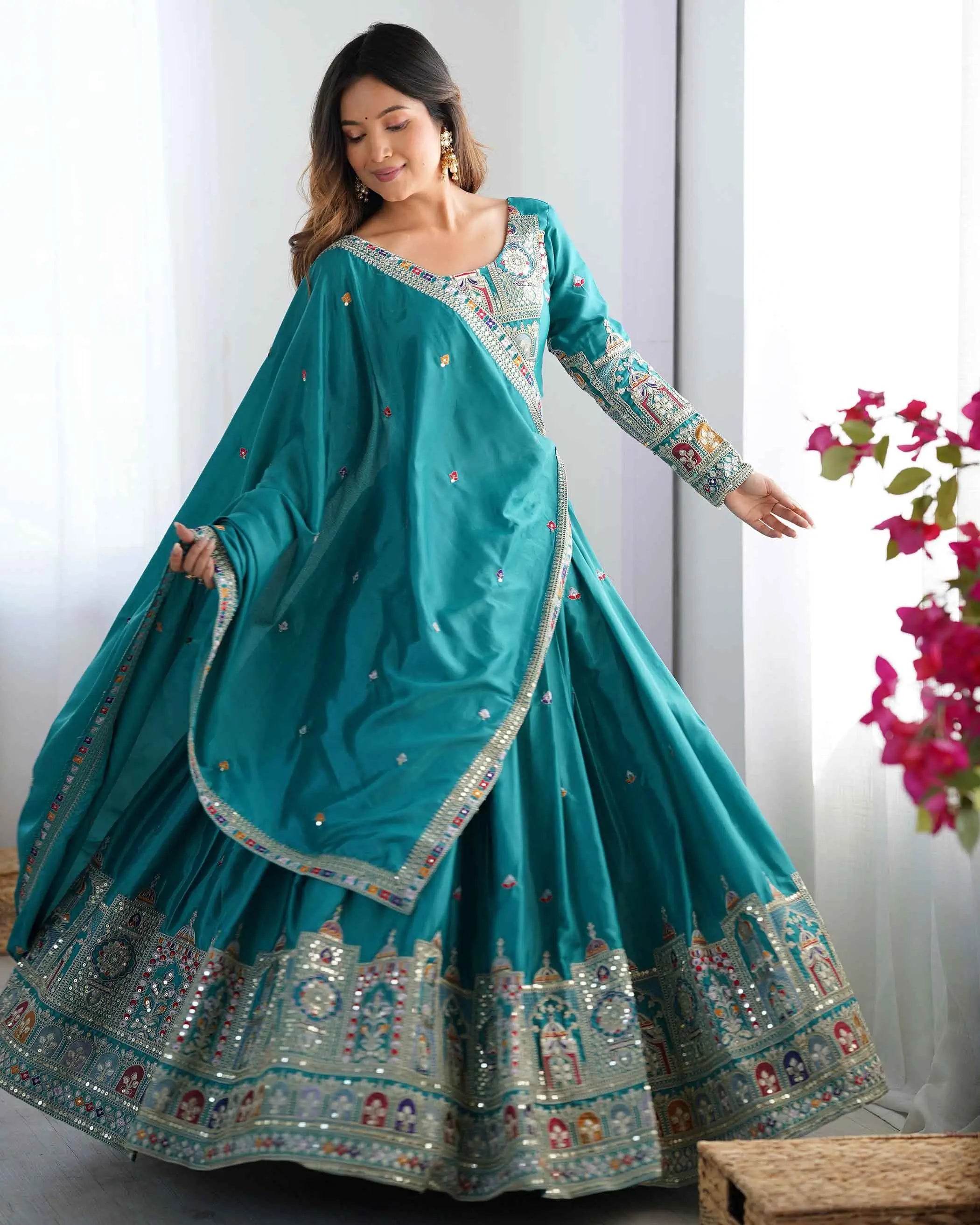 Dark Teal Blue Cording Dori Embroidery Work Lehenga With Dupatta - qivii