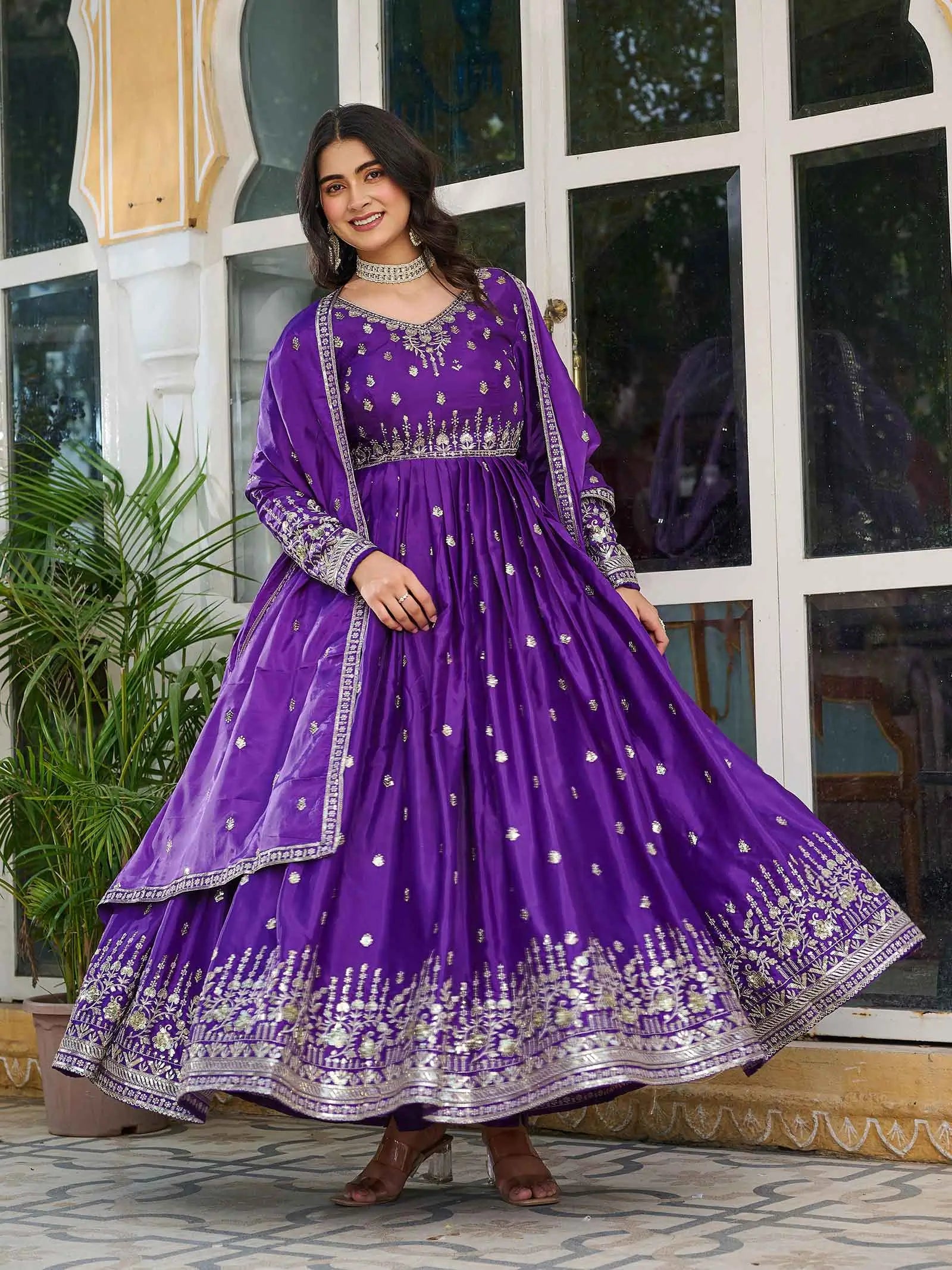 Purple Silk Gown With Sequins Embroidery Work And Dupatta