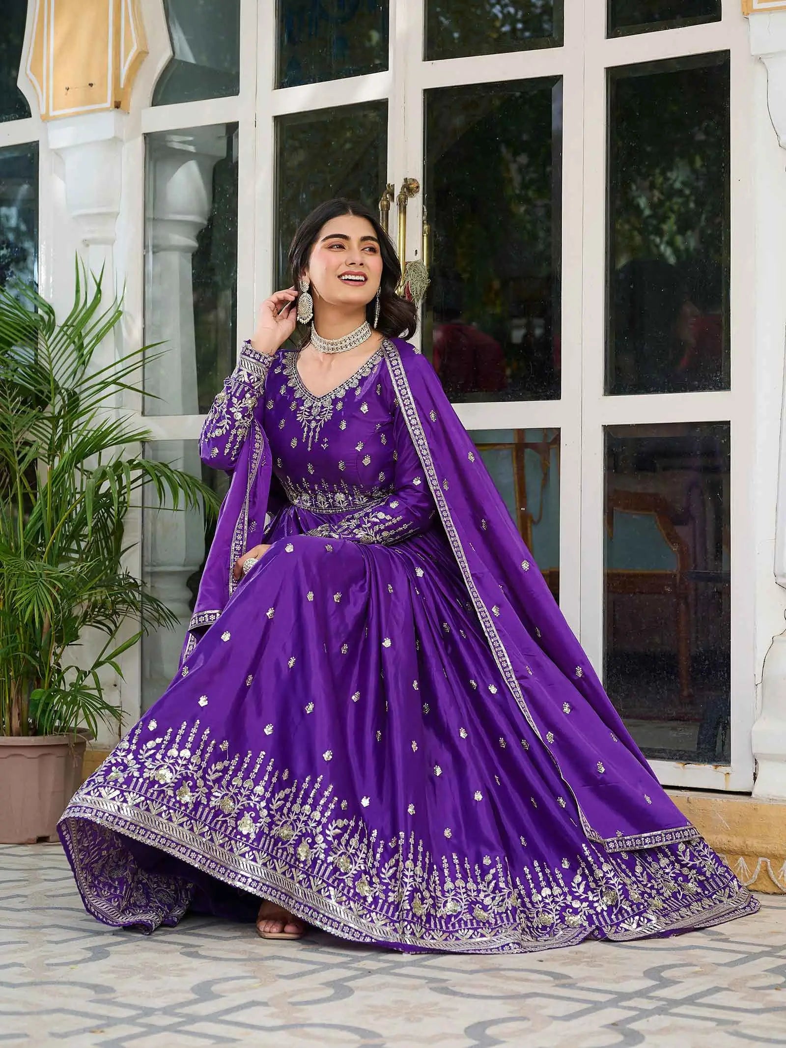 Purple Silk Gown With Sequins Embroidery Work And Dupatta - qivii