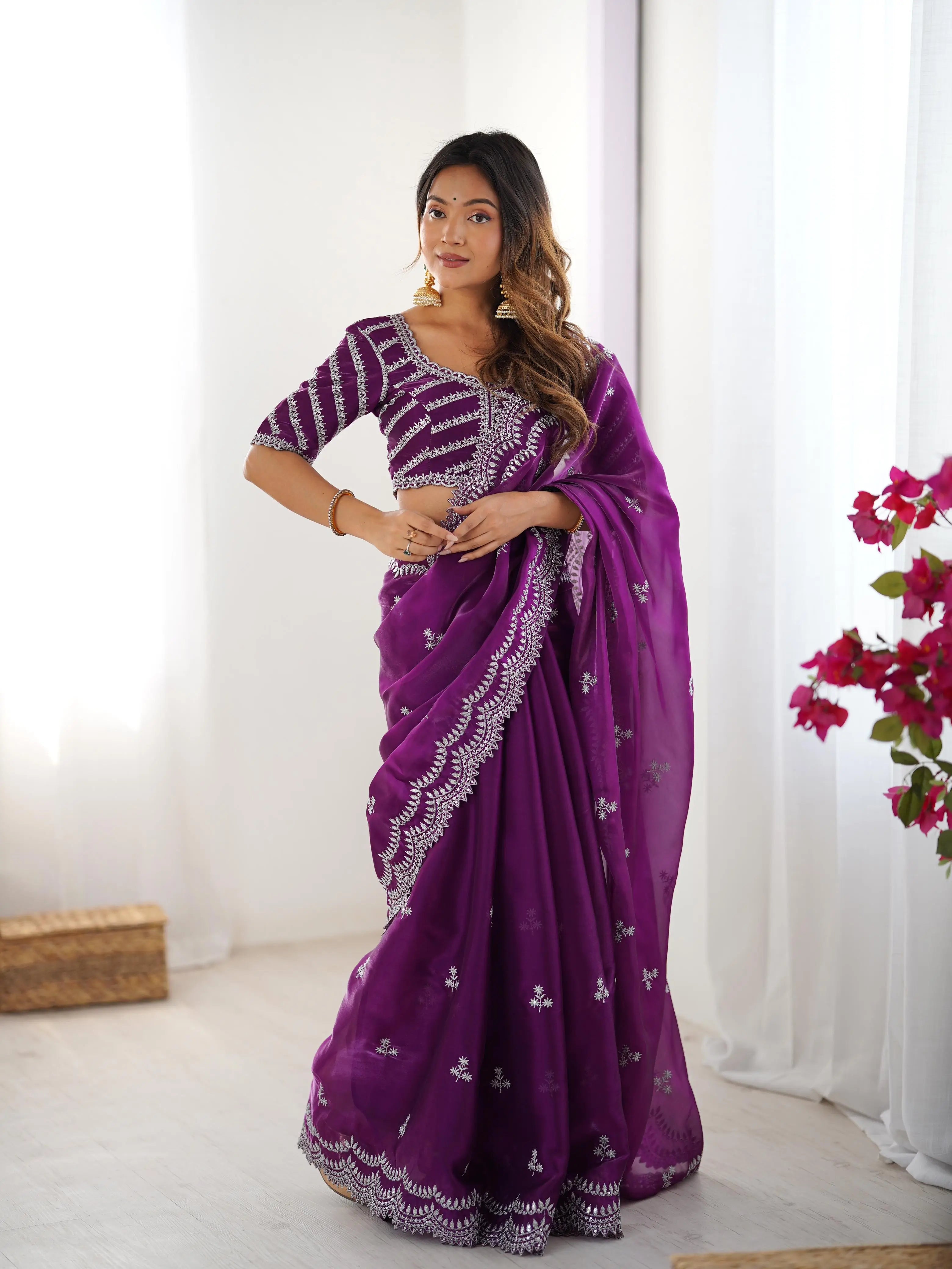Grape Purple Sequins Embroidery Work Designer Saree - qivii