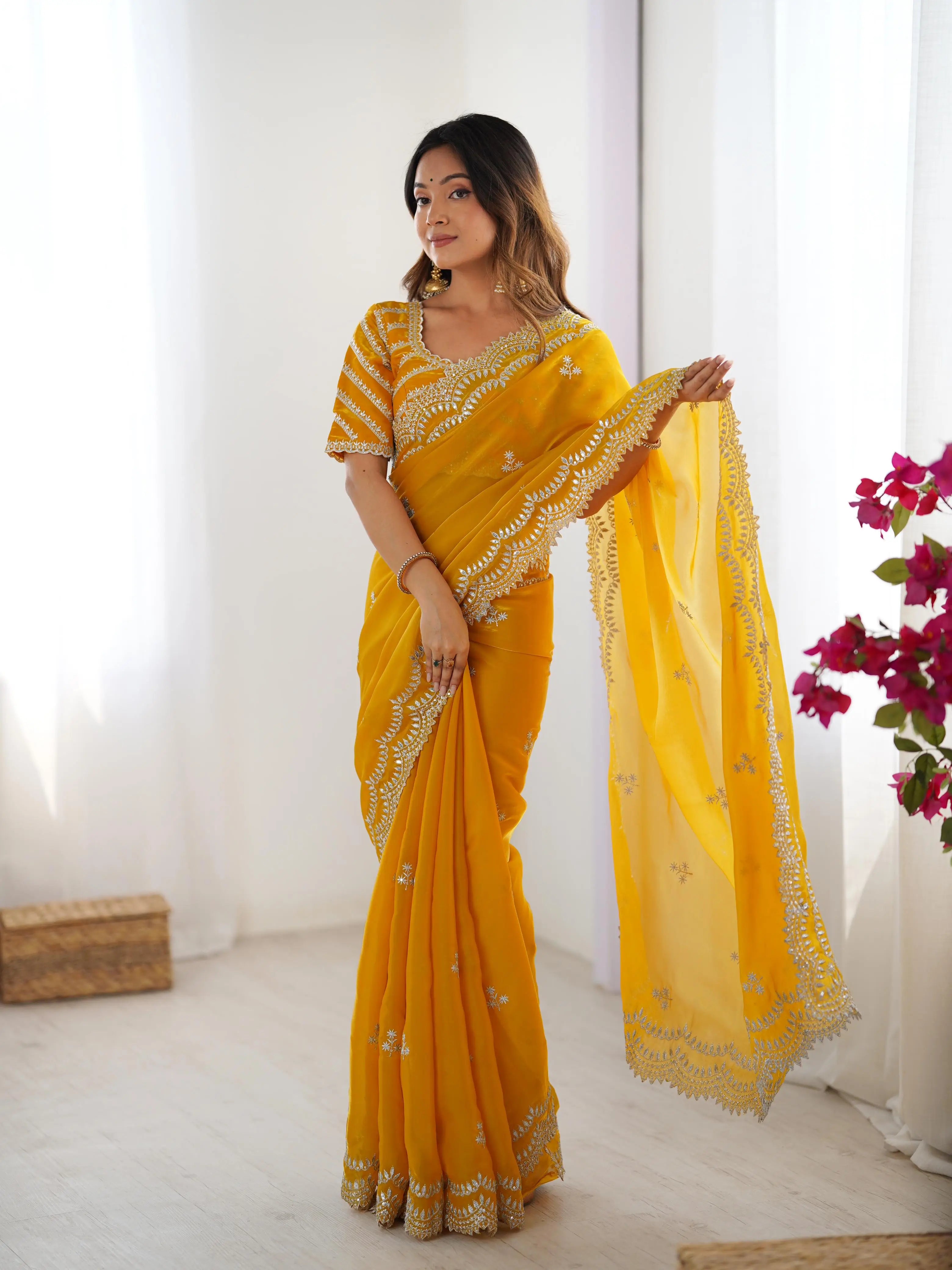 Shiny Yellow Designer Sequins Embroidery Work Saree - qivii