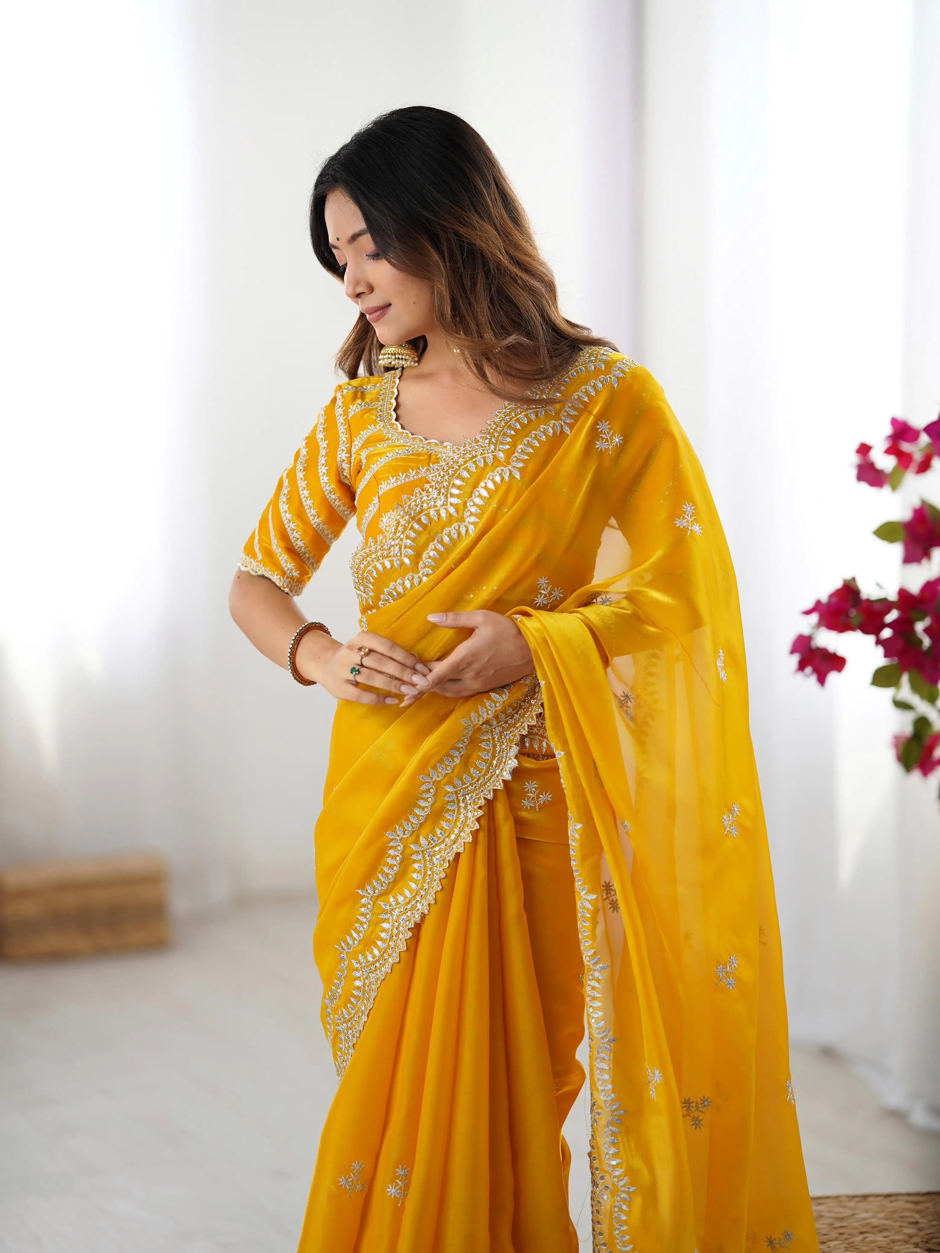 Shiny Yellow Designer Sequins Embroidery Work Saree - qivii