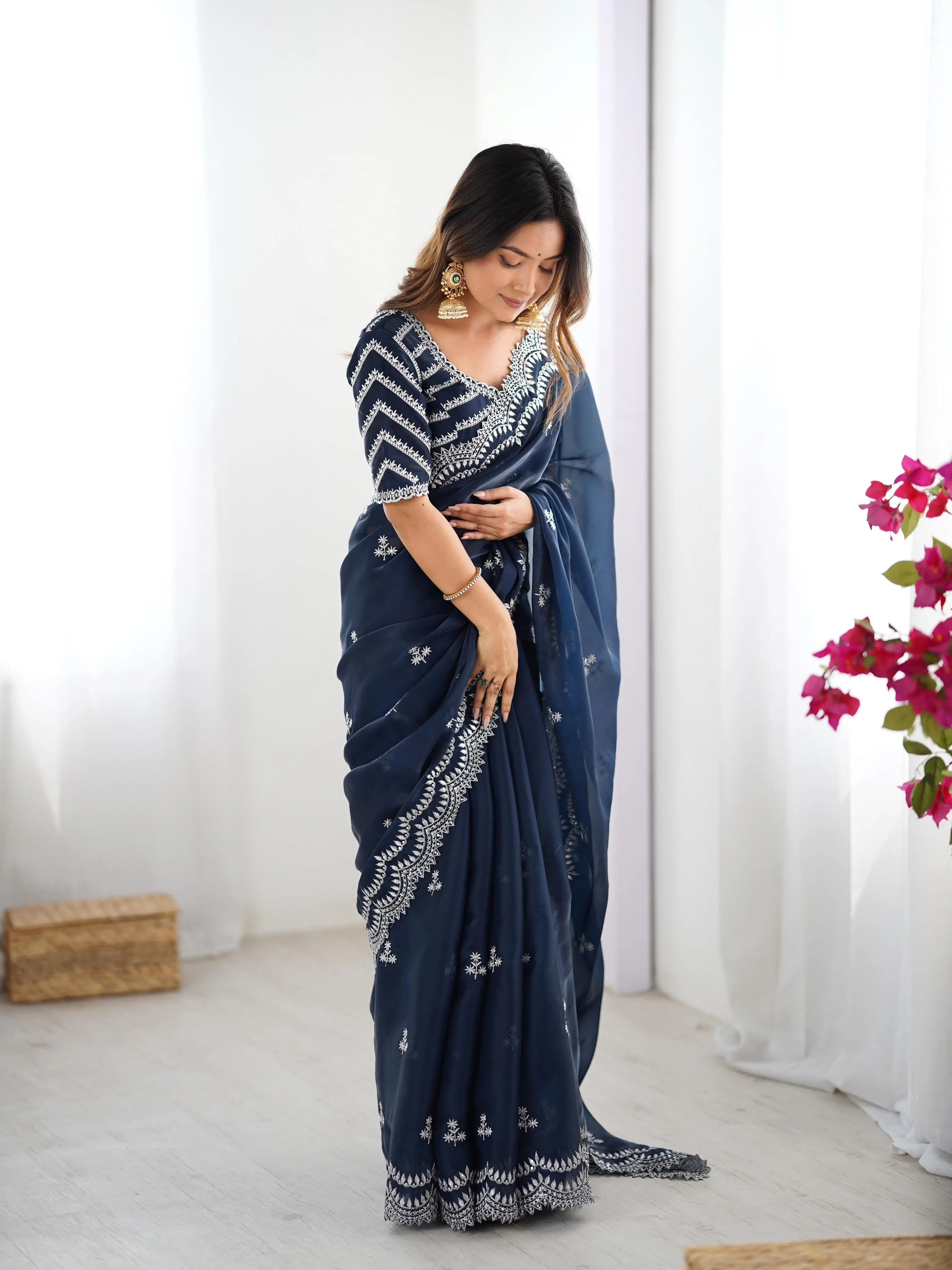 Navy Blue Sequins Embroidery Work Designer Saree - qivii