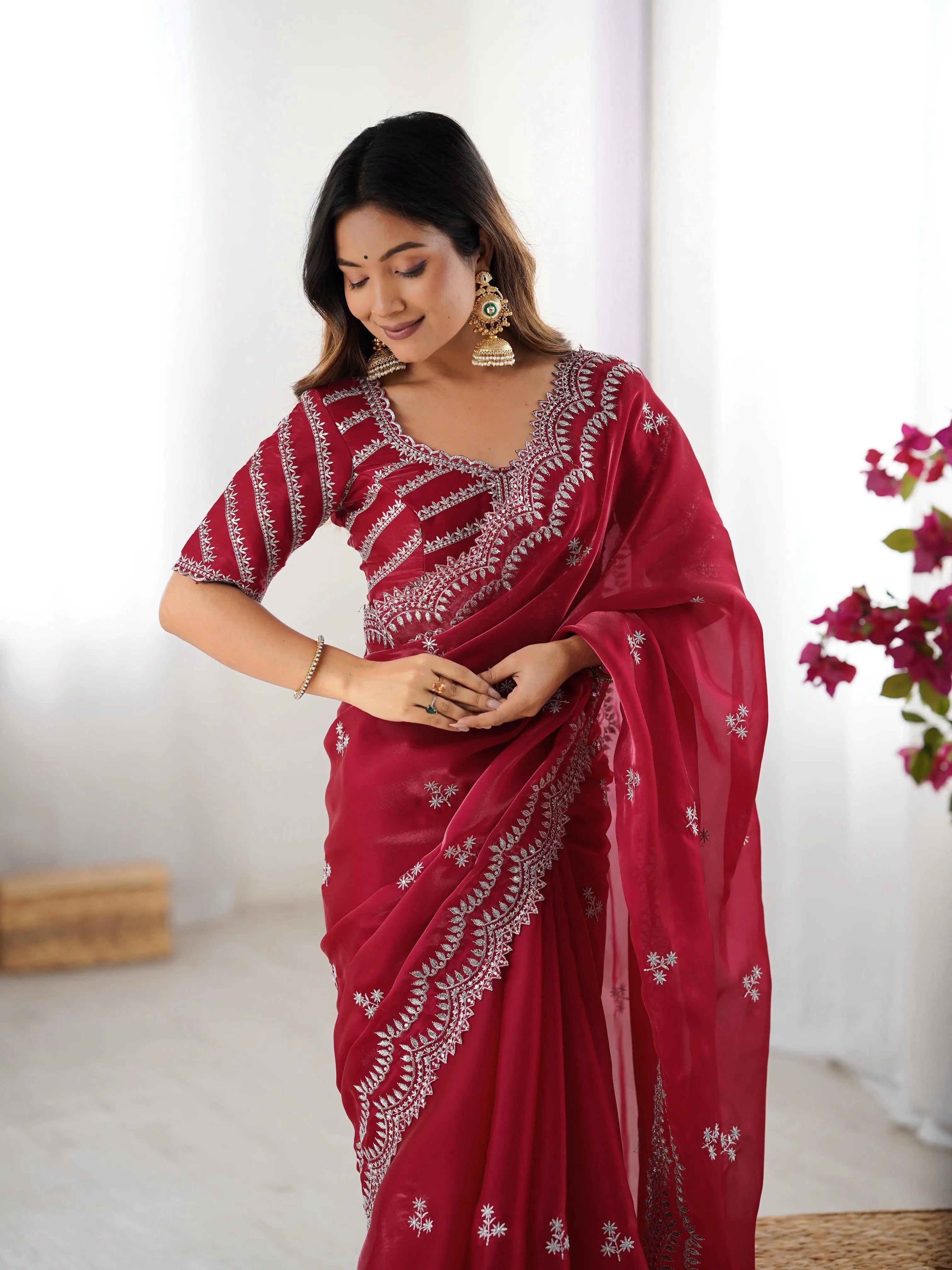 Red Maroon Sequins Embroidery Work Designer Saree - qivii