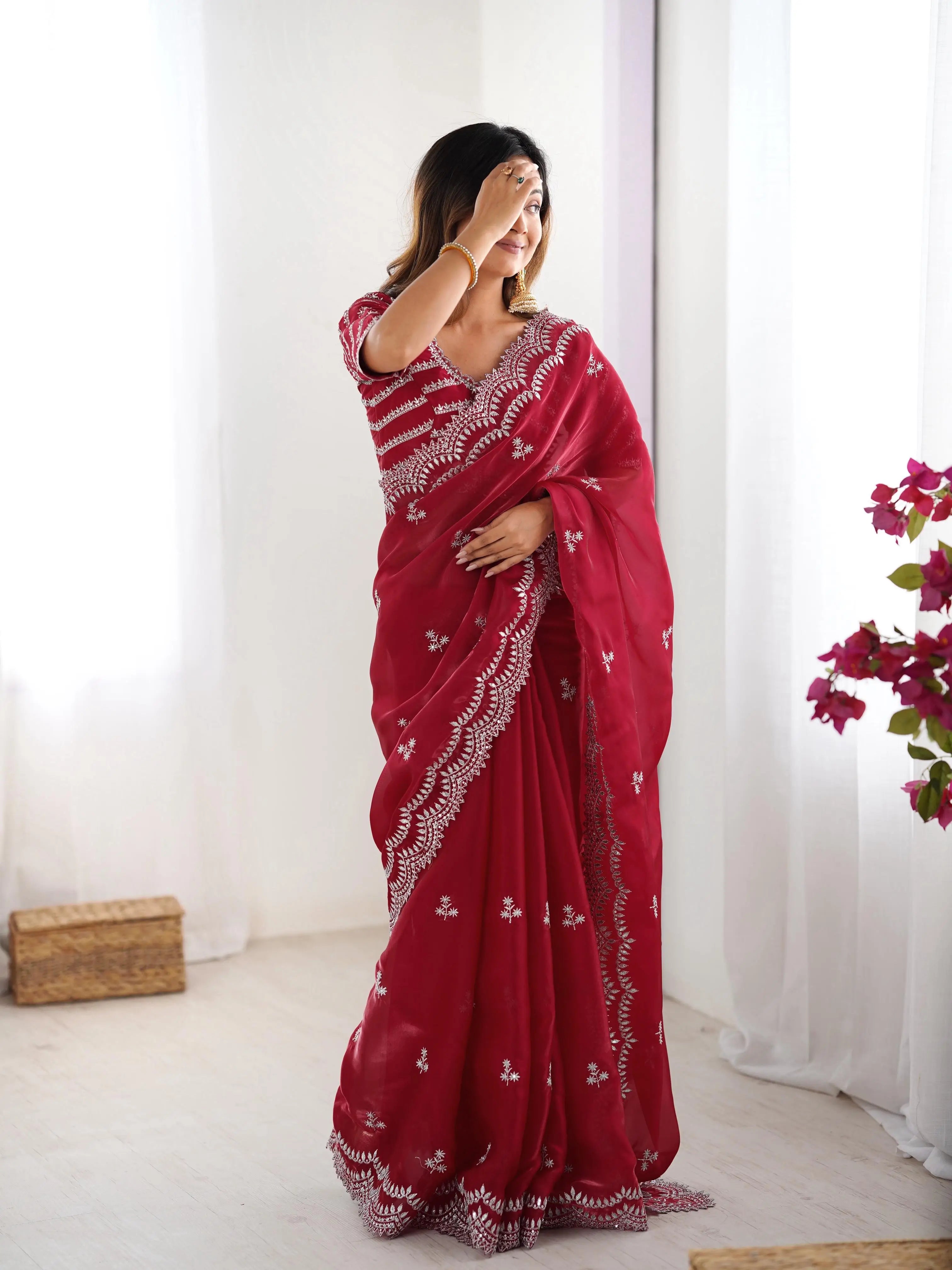 Red Maroon Sequins Embroidery Work Designer Saree - qivii