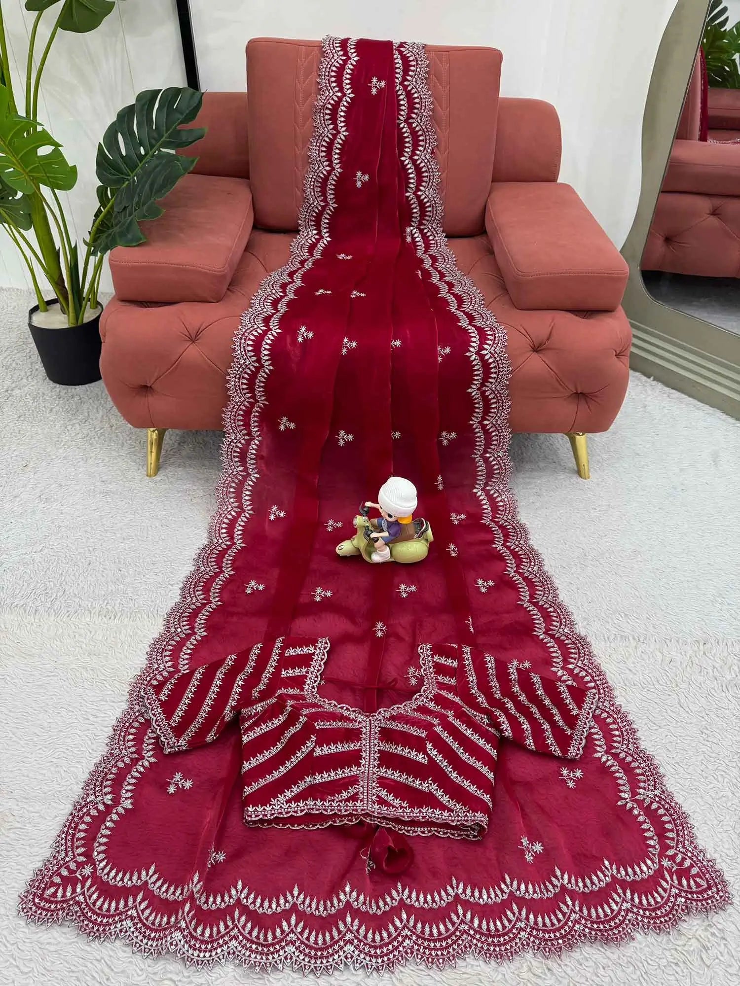 Red Maroon Sequins Embroidery Work Designer Saree - qivii