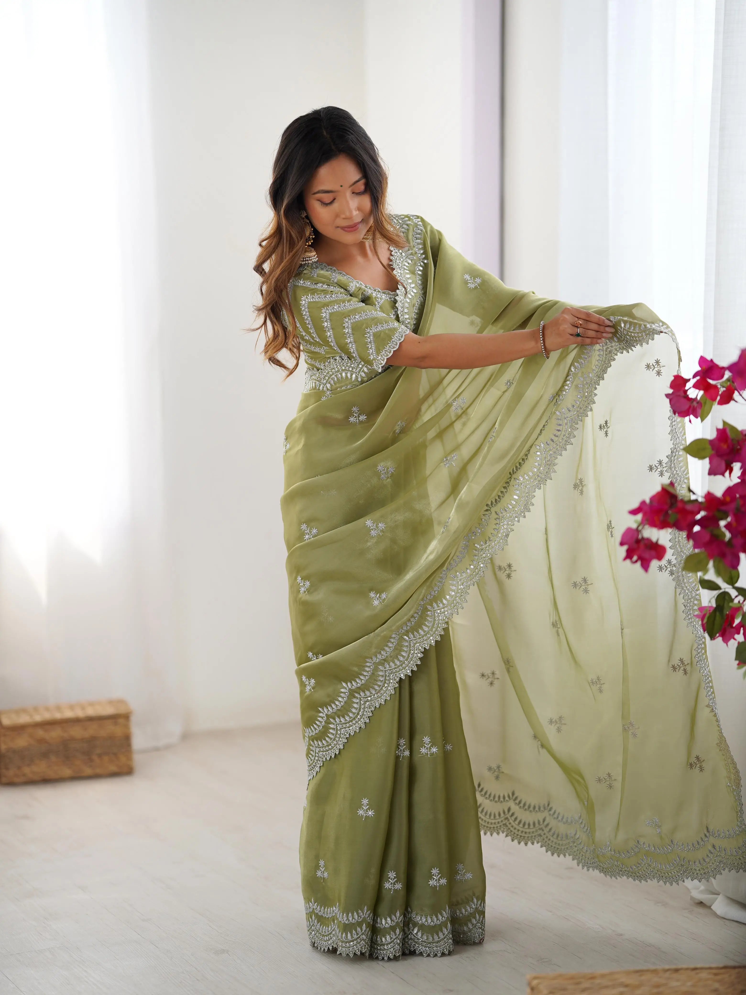 Greyish Olive Green Designer Sequins Embroidery Work Saree - qivii