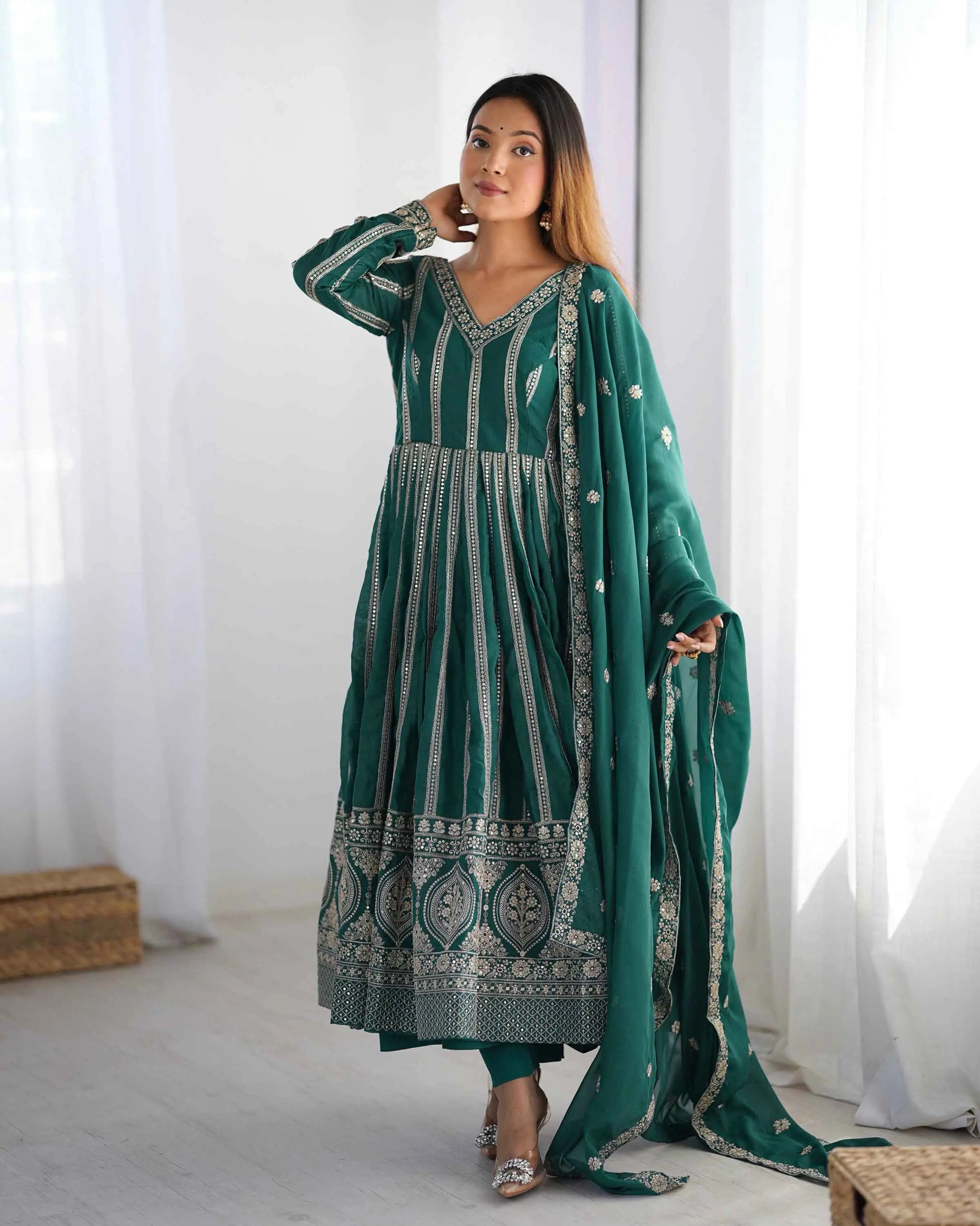 Greenish Blue Georgette Sequins Embroidery Work Gown And Dupatta - qivii