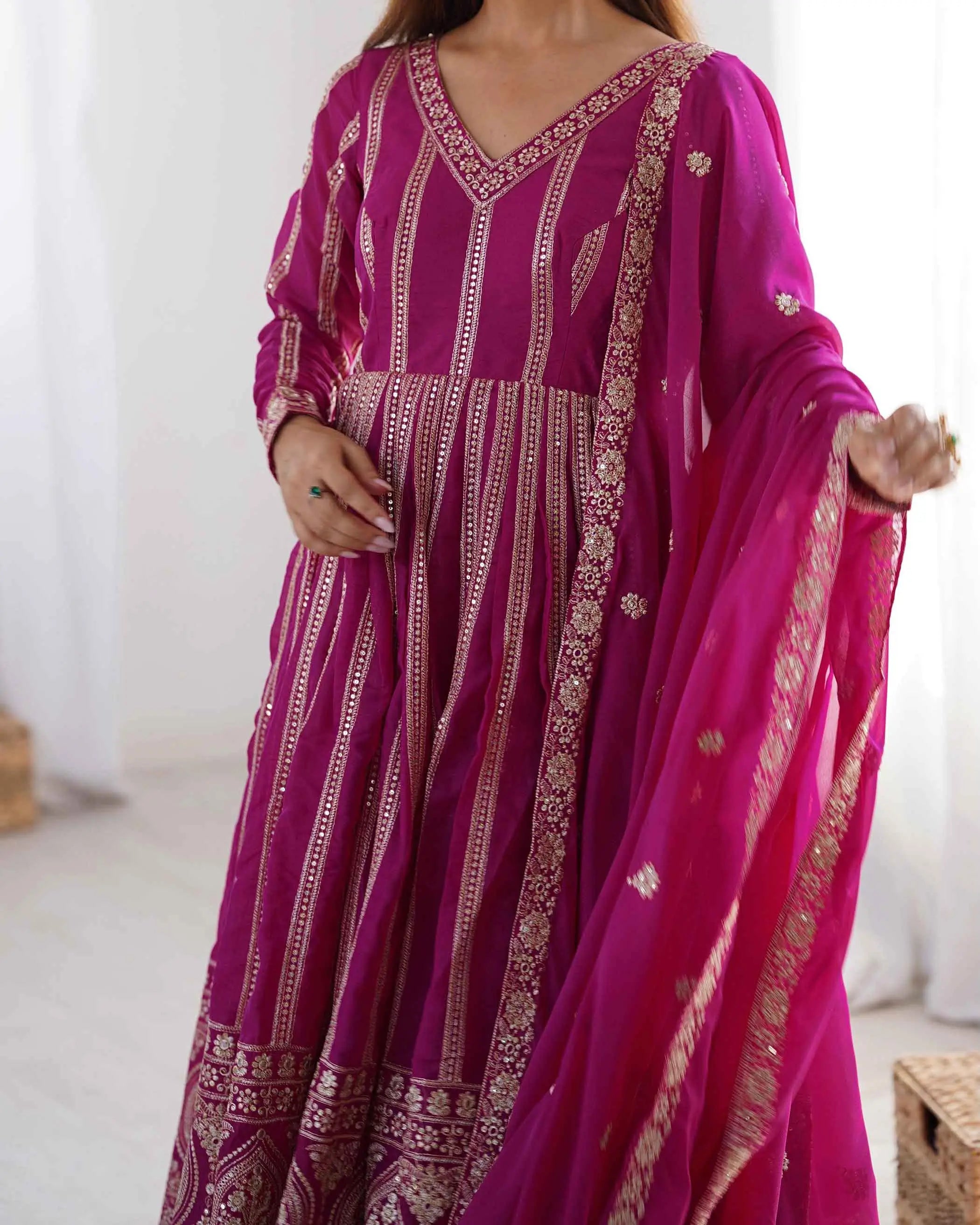 Dark Pink Georgette Sequins Embroidery Work Gown With Dupatta - qivii