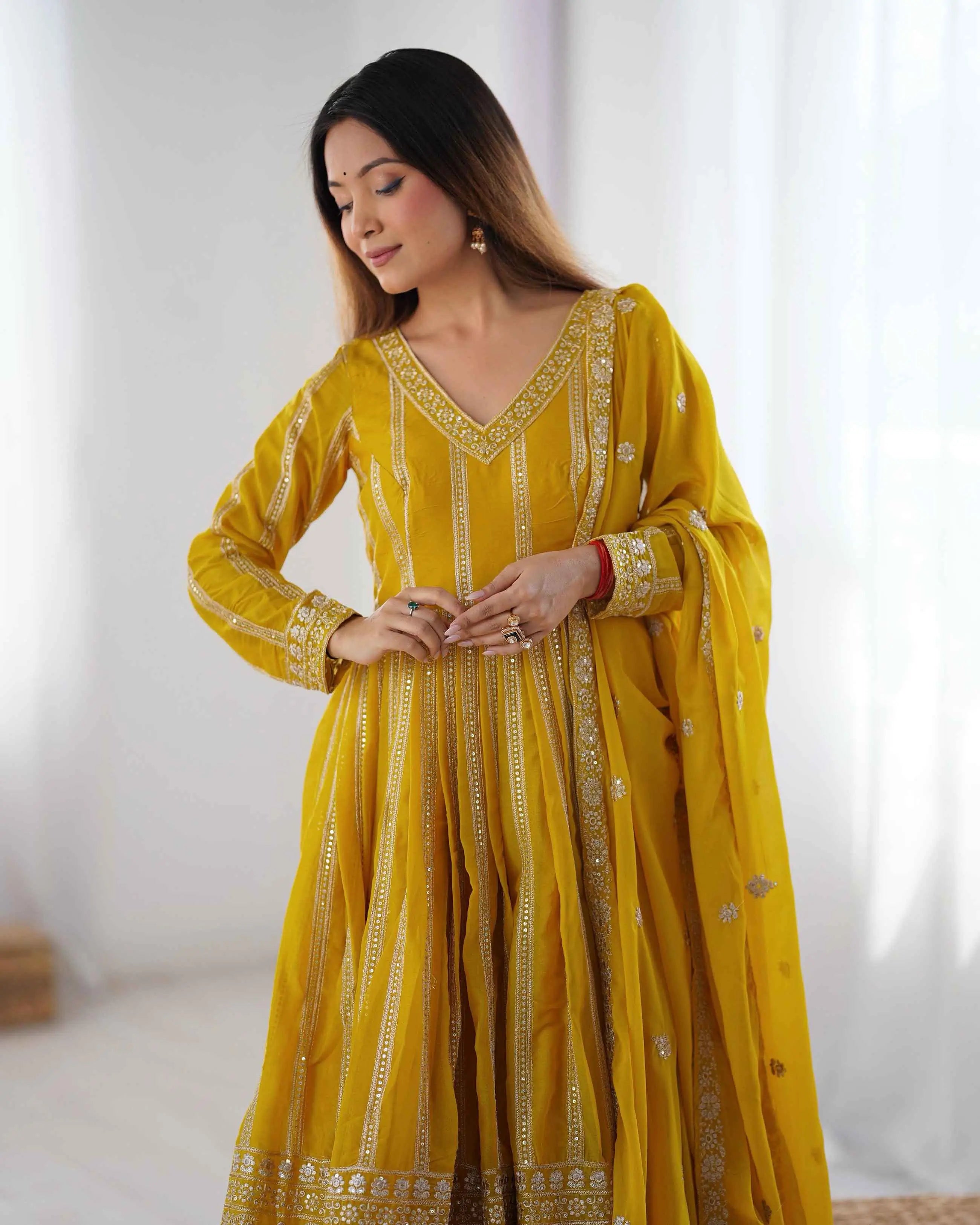 Dark Yellow Sequins Embroidery Work Georgette Gown And Dupatta - qivii