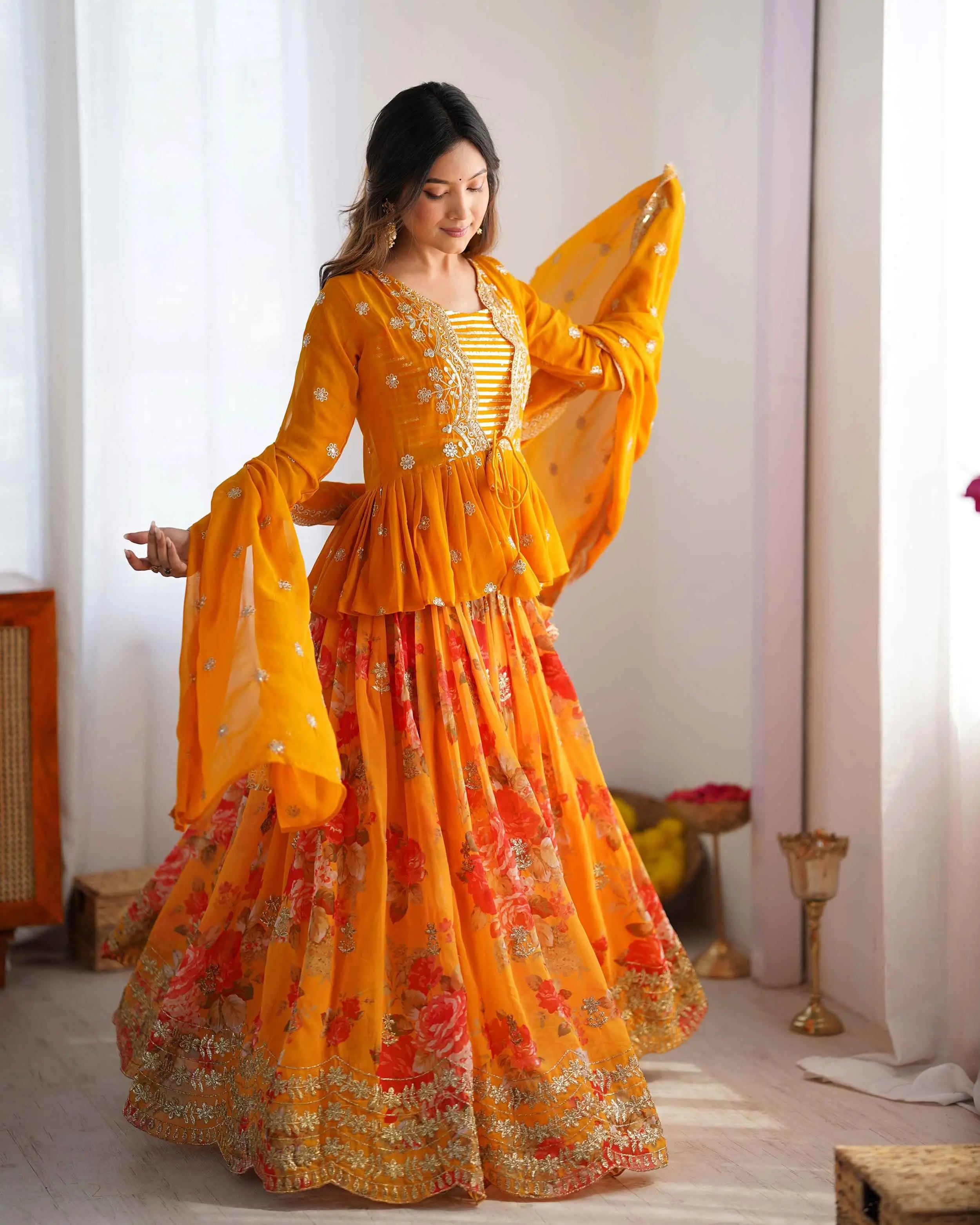 Yellowish Orange Floral print With Embroidery Work Lehenga With Koti - qivii