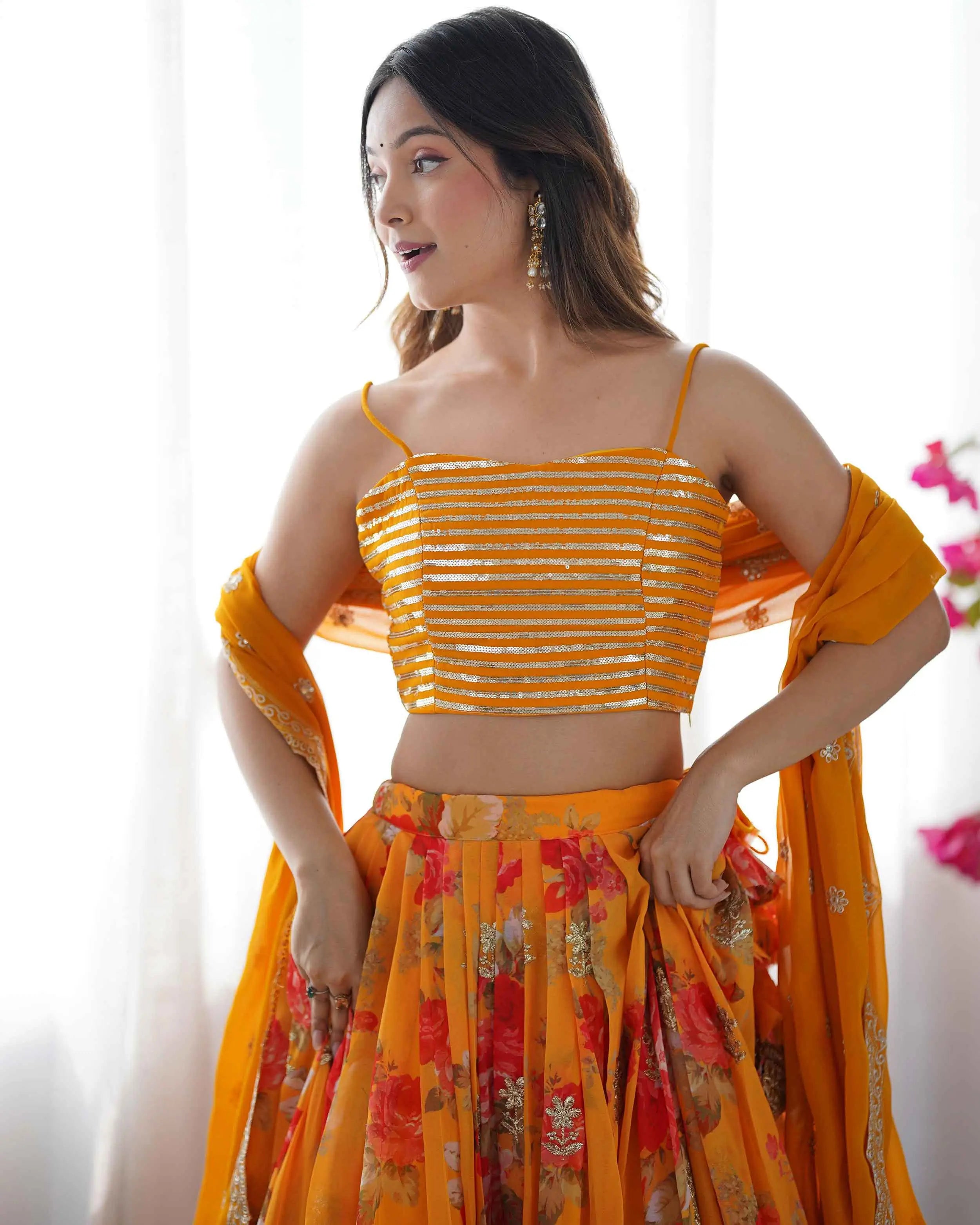 Yellowish Orange Floral print With Embroidery Work Lehenga With Koti - qivii