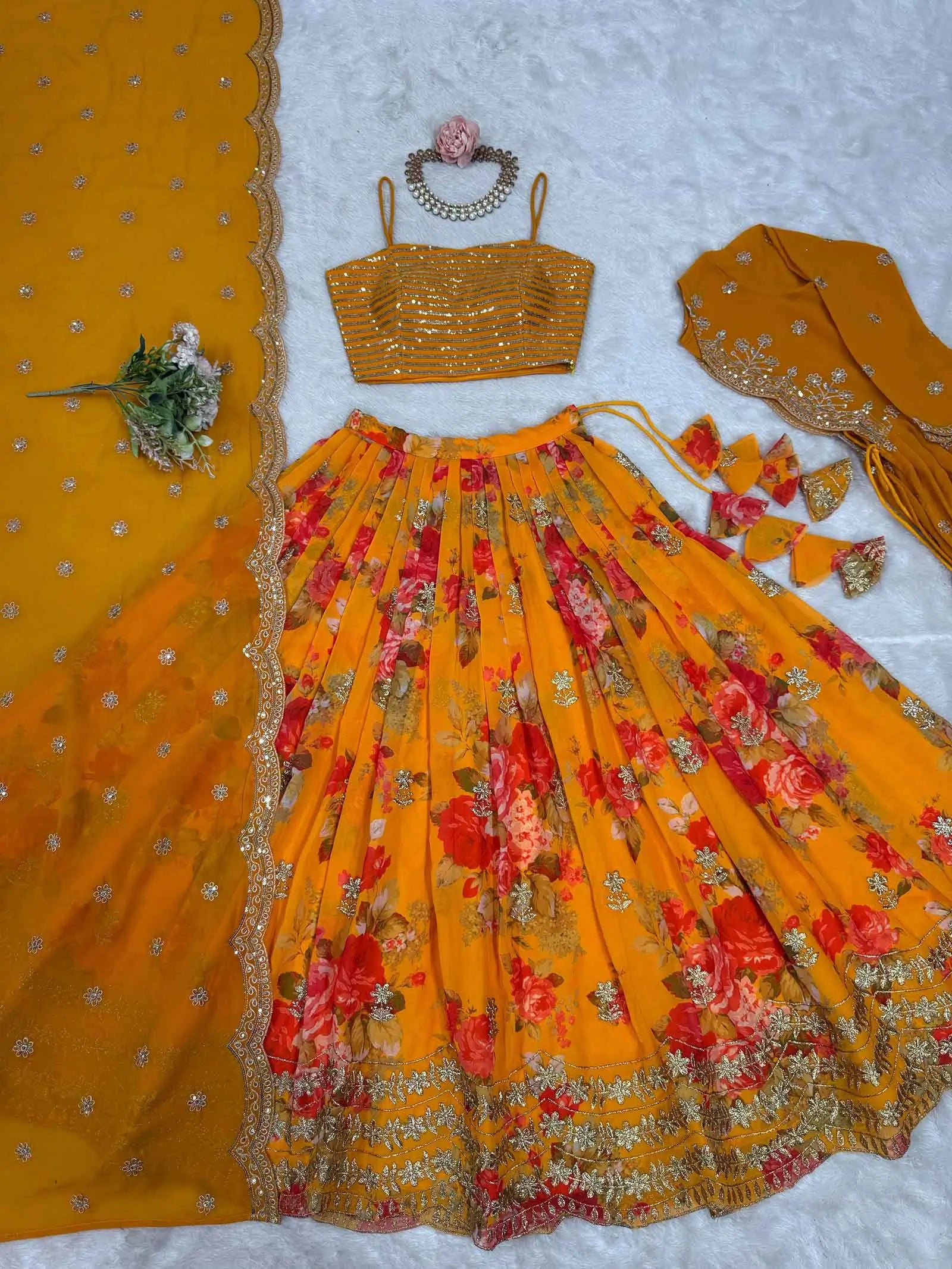 Yellowish Orange Floral print With Embroidery Work Lehenga With Koti - qivii