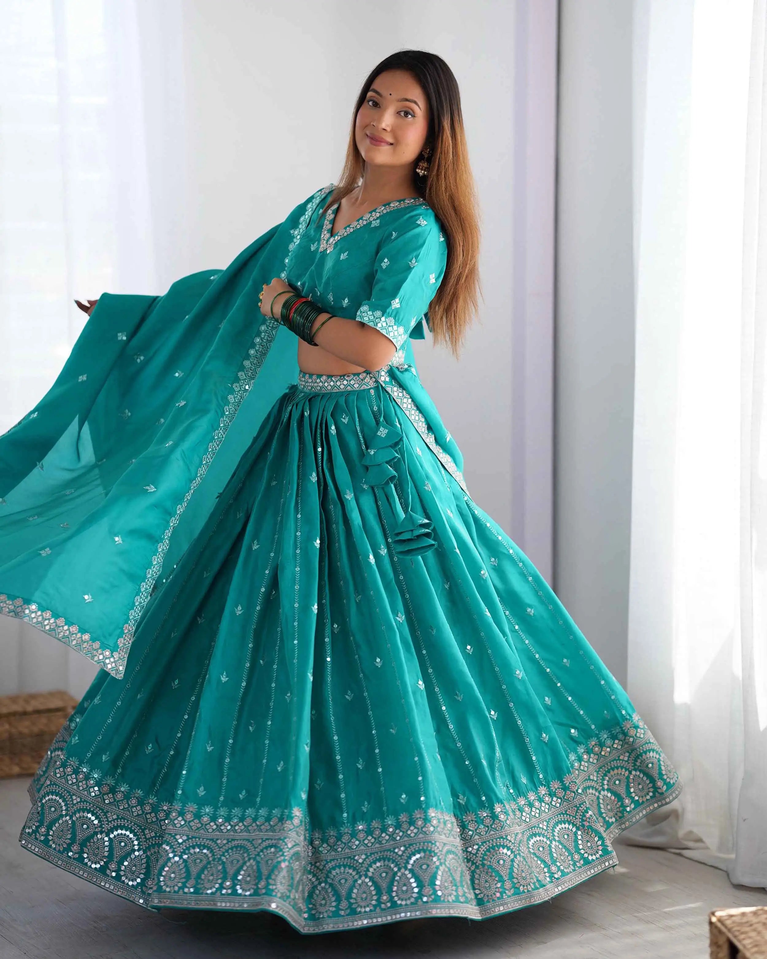 Dark Aqua Blue Sequins Embroidery Work Lehenga With Dupatta - qivii