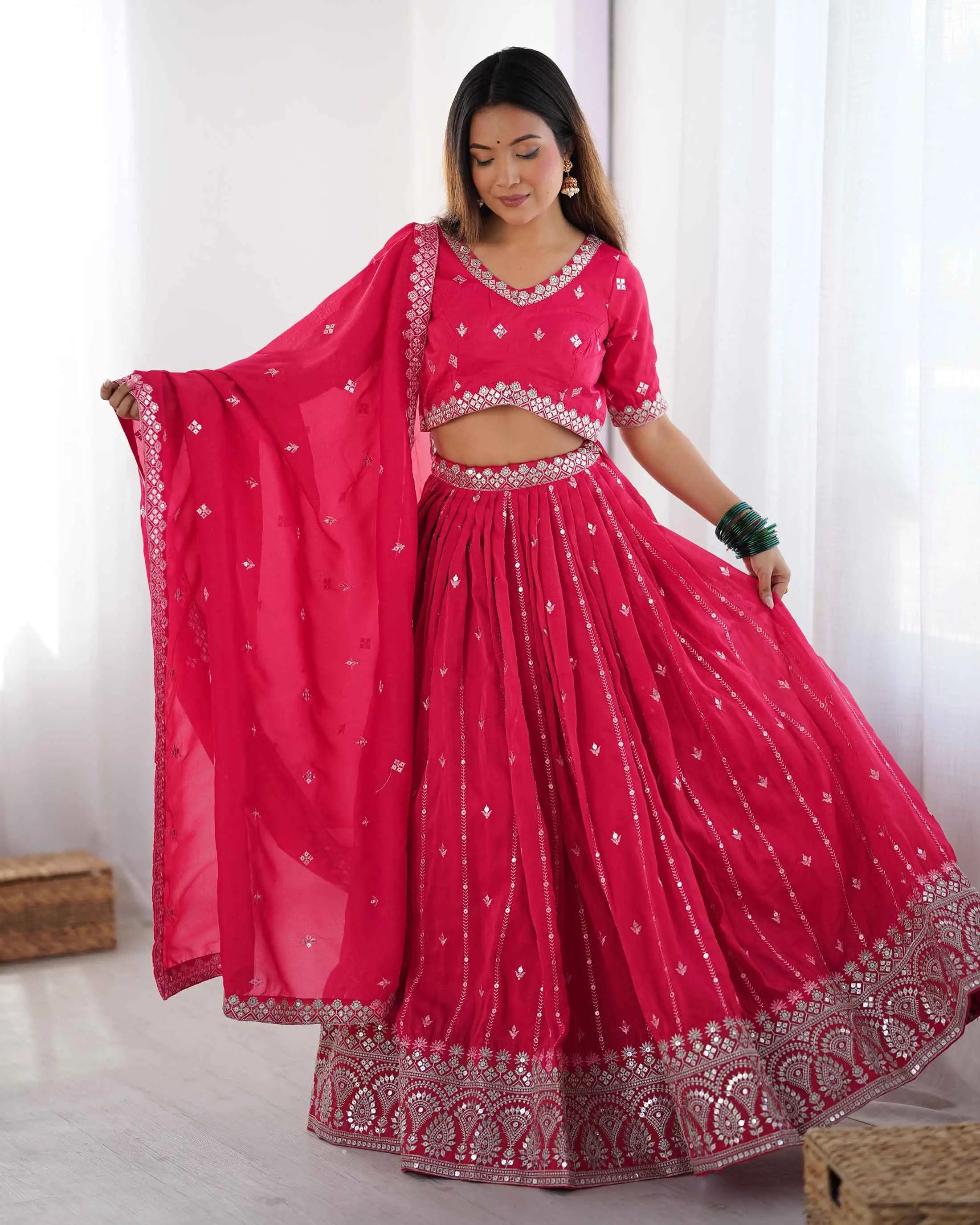 Red Pink Sequins Embroidery Work Lehenga With Dupatta - qivii