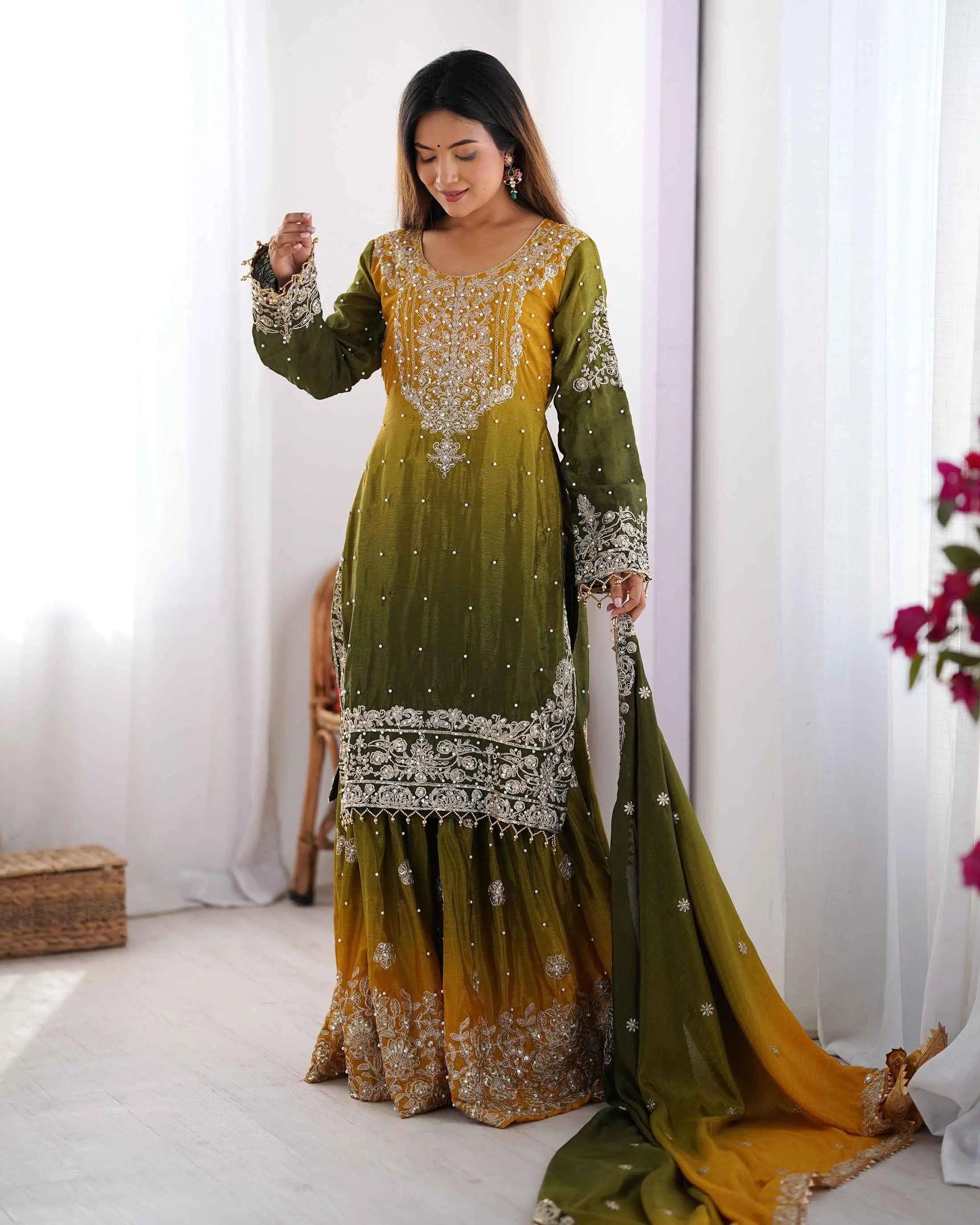 Green Cording Sequins Work With Rivet Moti Sharara Set With Dupatta - qivii