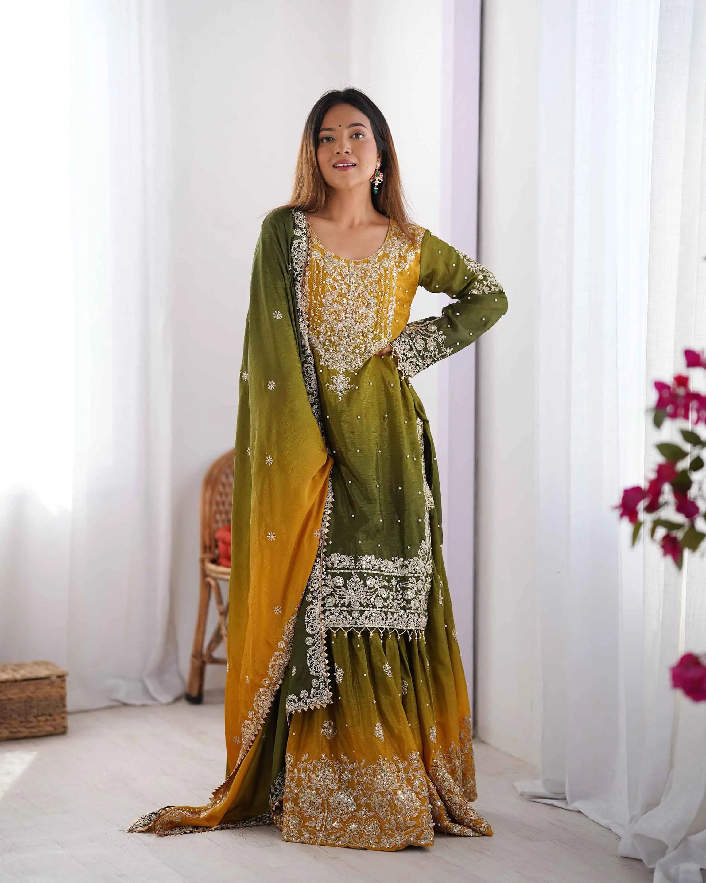Green Cording Sequins Work With Rivet Moti Sharara Set With Dupatta - qivii