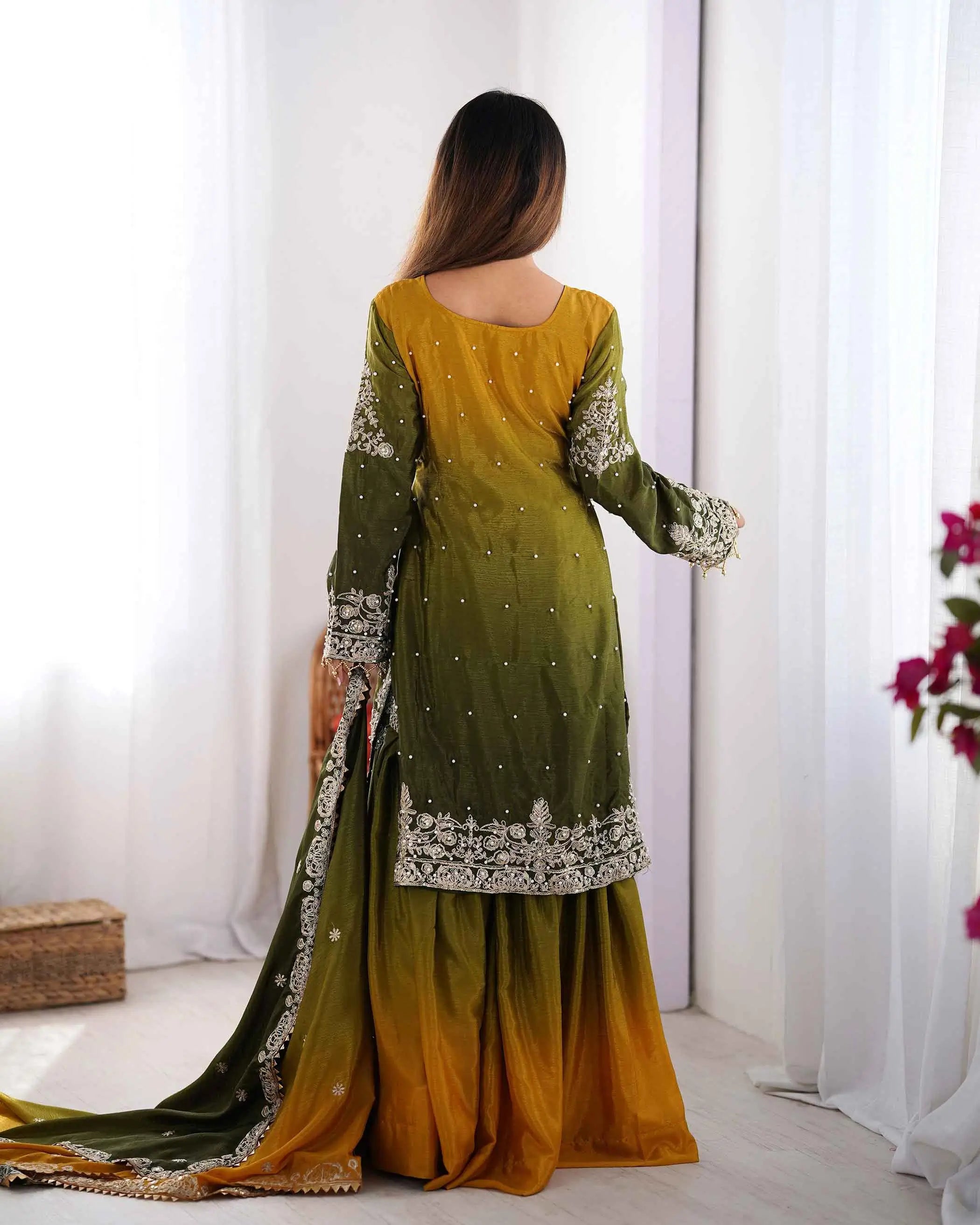 Green Cording Sequins Work With Rivet Moti Sharara Set With Dupatta
