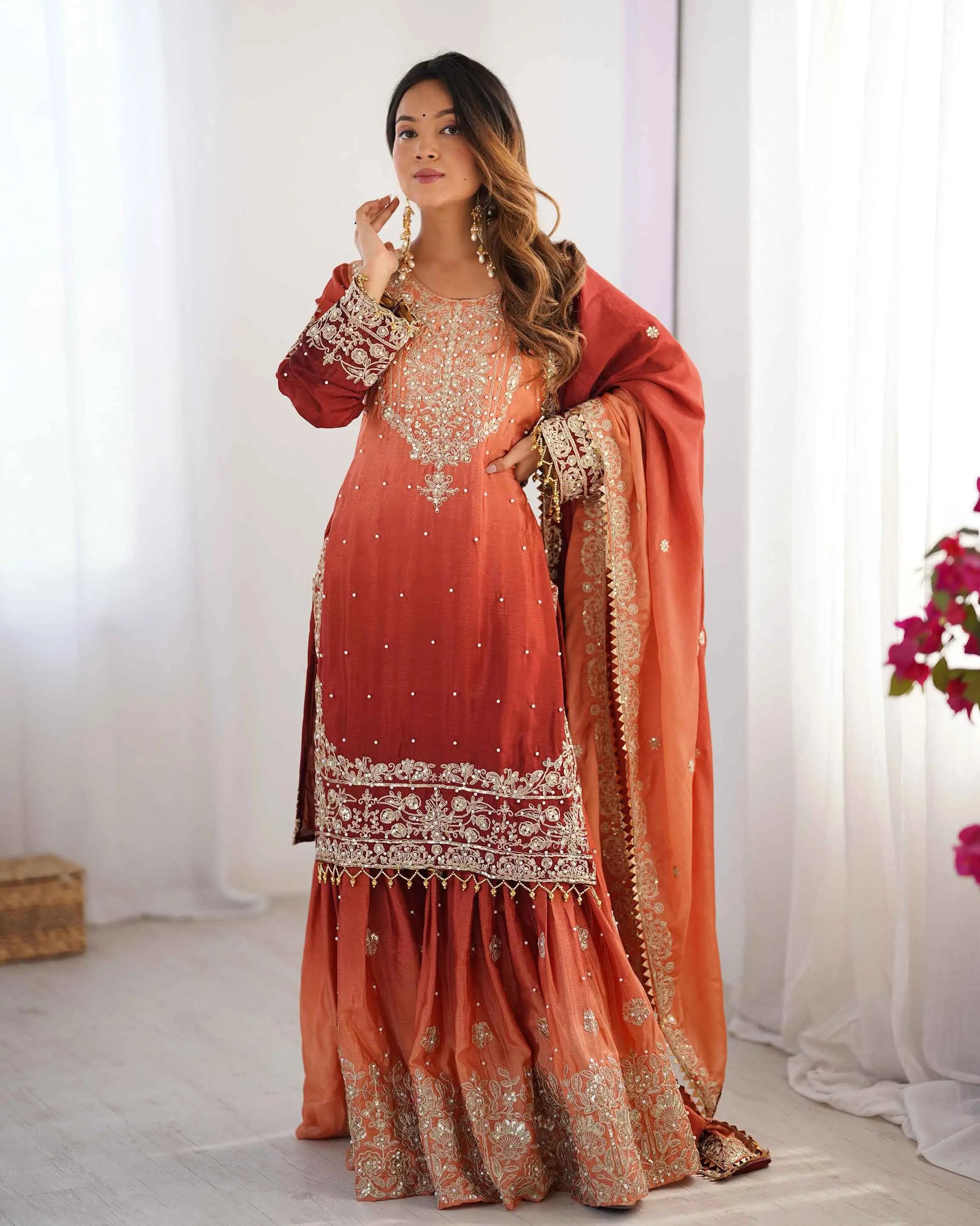 Peach Red Cording Sequins Work With Rivet Moti Sharara Set With Dupatta - qivii