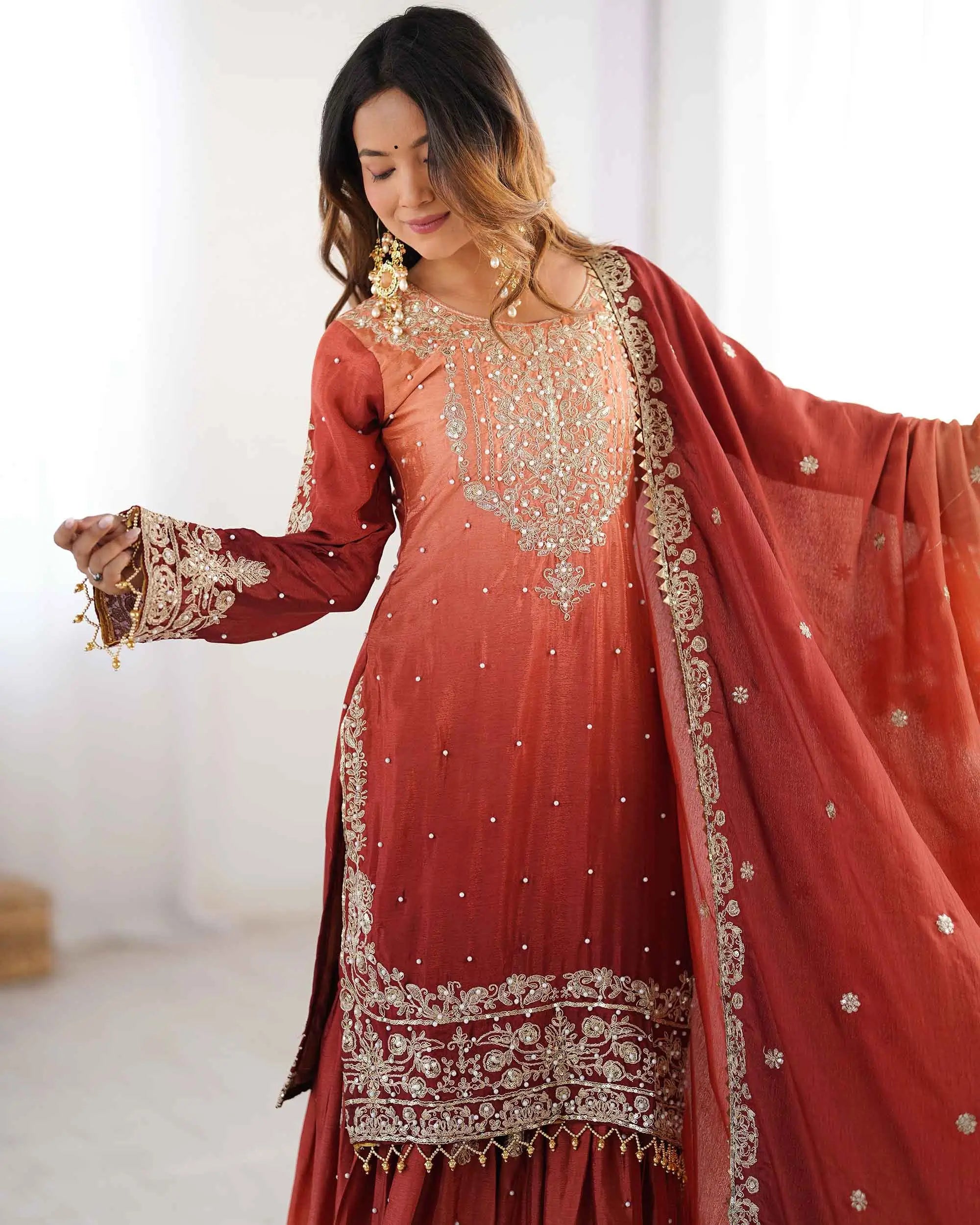 Peach Red Cording Sequins Work With Rivet Moti Sharara Set With Dupatta - qivii