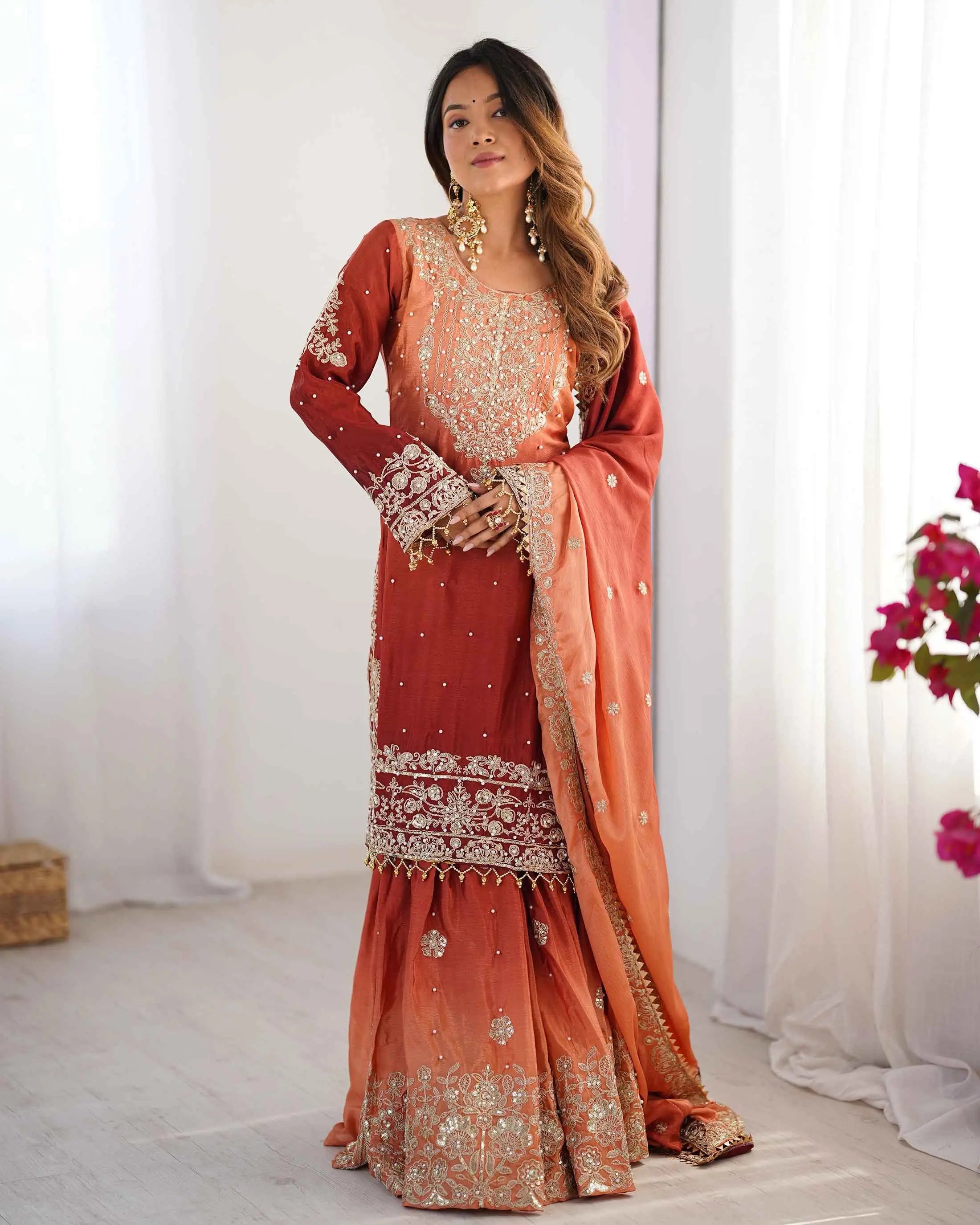 Peach Red Cording Sequins Work With Rivet Moti Sharara Set With Dupatta - qivii