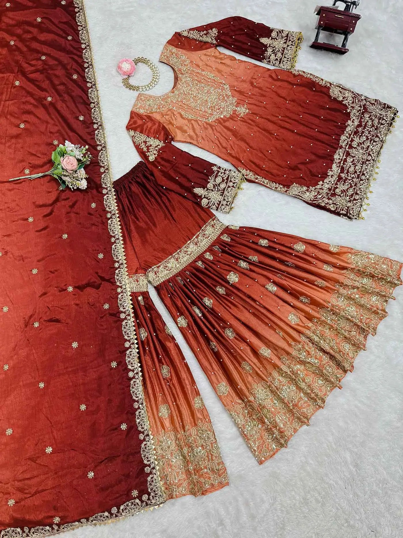 Peach Red Cording Sequins Work With Rivet Moti Sharara Set With Dupatta - qivii