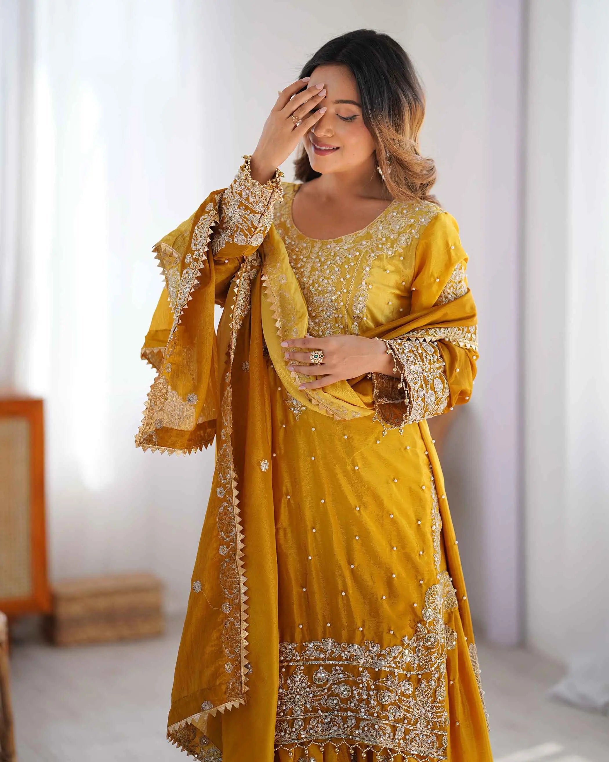 Yellow Cording Sequins Work With Rivet Moti Sharara Set With Dupatta - qivii