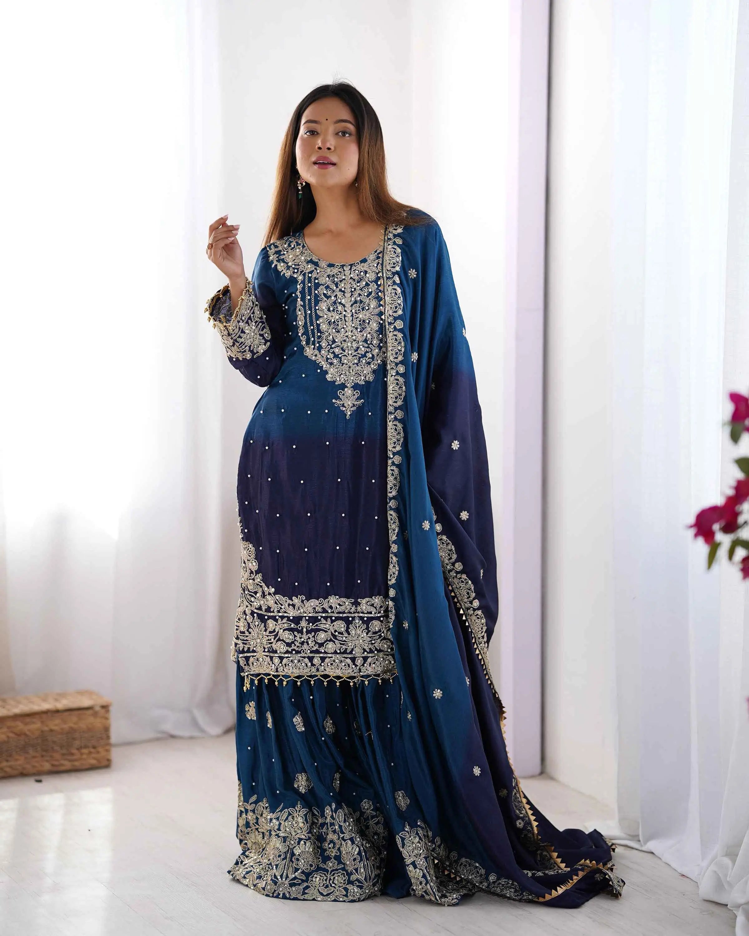 Navy Blue Cording Sequins Work With Rivet Moti Sharara Set With Dupatta - qivii