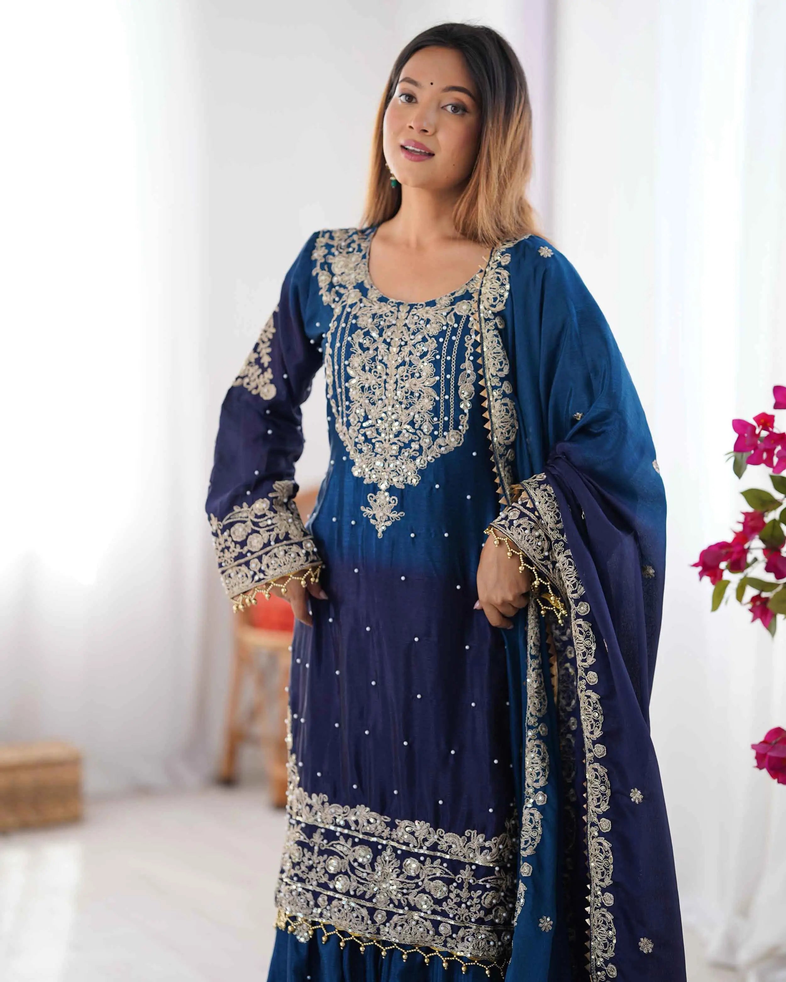 Navy Blue Cording Sequins Work With Rivet Moti Sharara Set With Dupatta - qivii