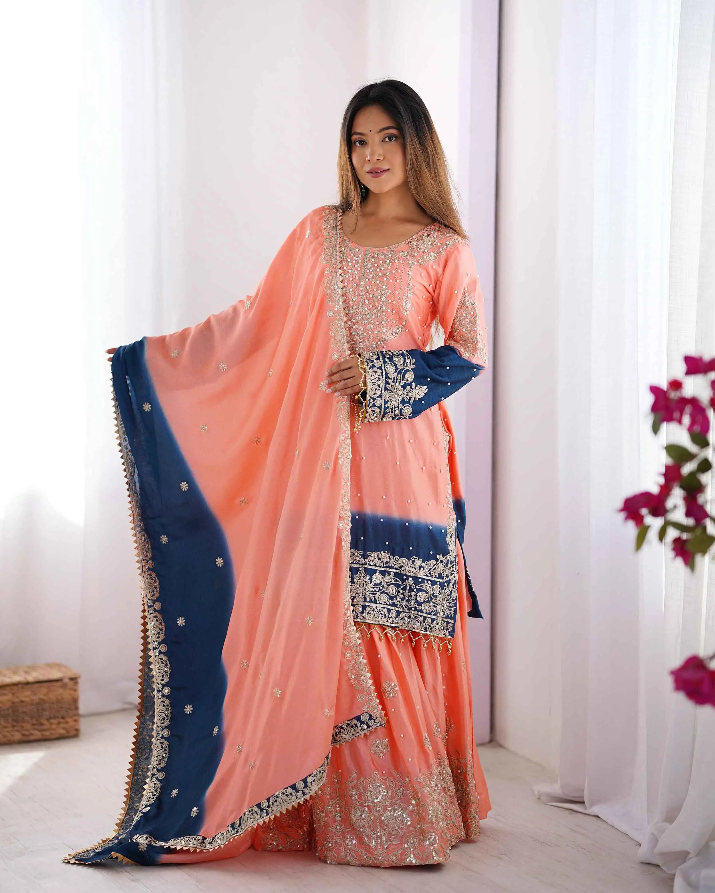 Peach Pink Cording Sequins Work With Rivet Moti Sharara Set With Dupatta - qivii