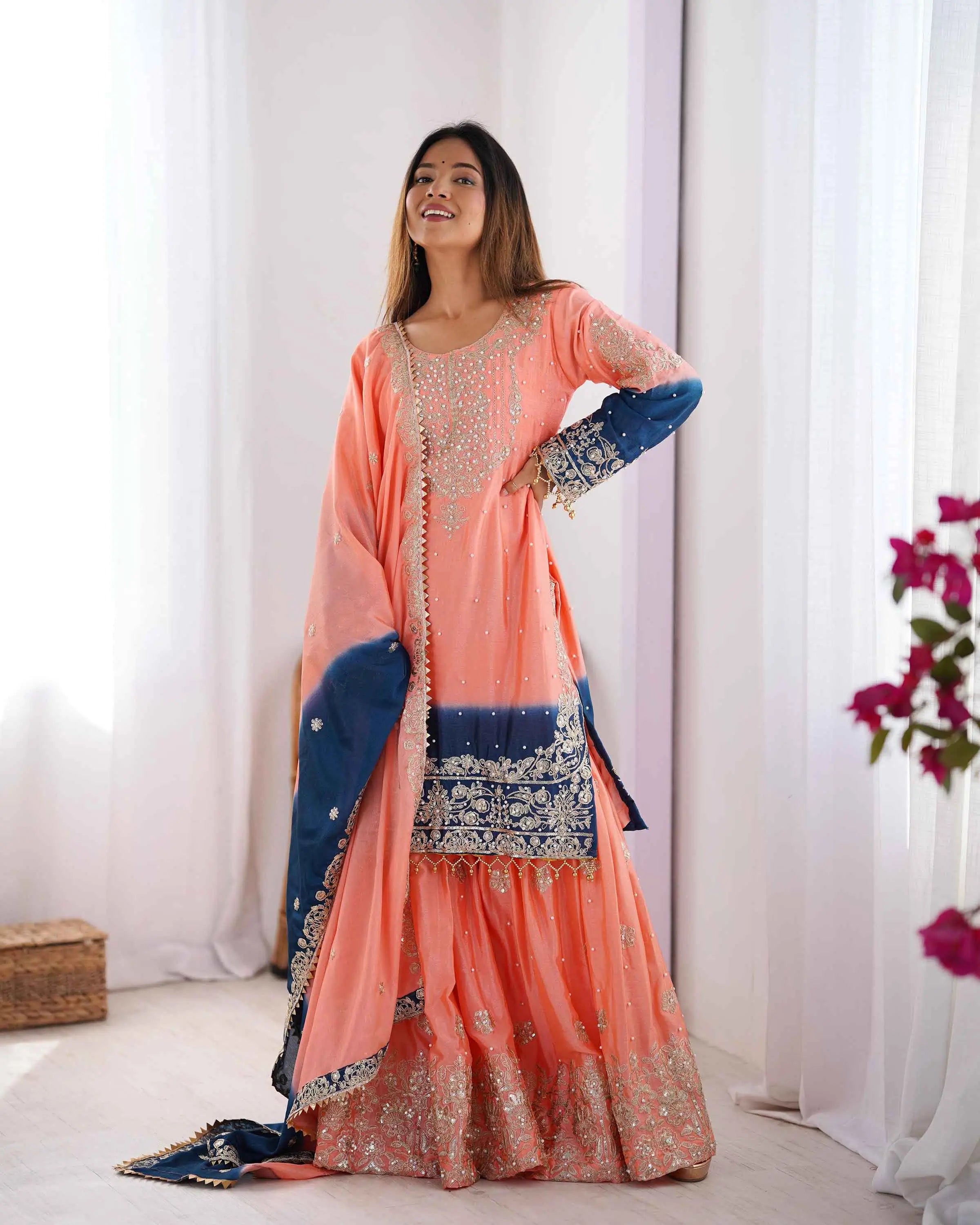 Peach Pink Cording Sequins Work With Rivet Moti Sharara Set With Dupatta - qivii