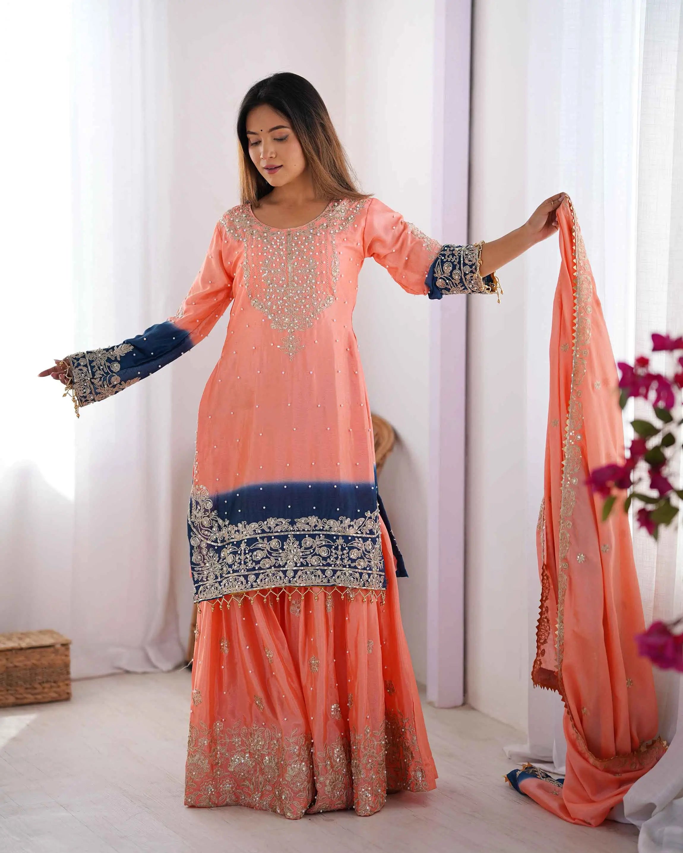 Peach Pink Cording Sequins Work With Rivet Moti Sharara Set With Dupatta - qivii