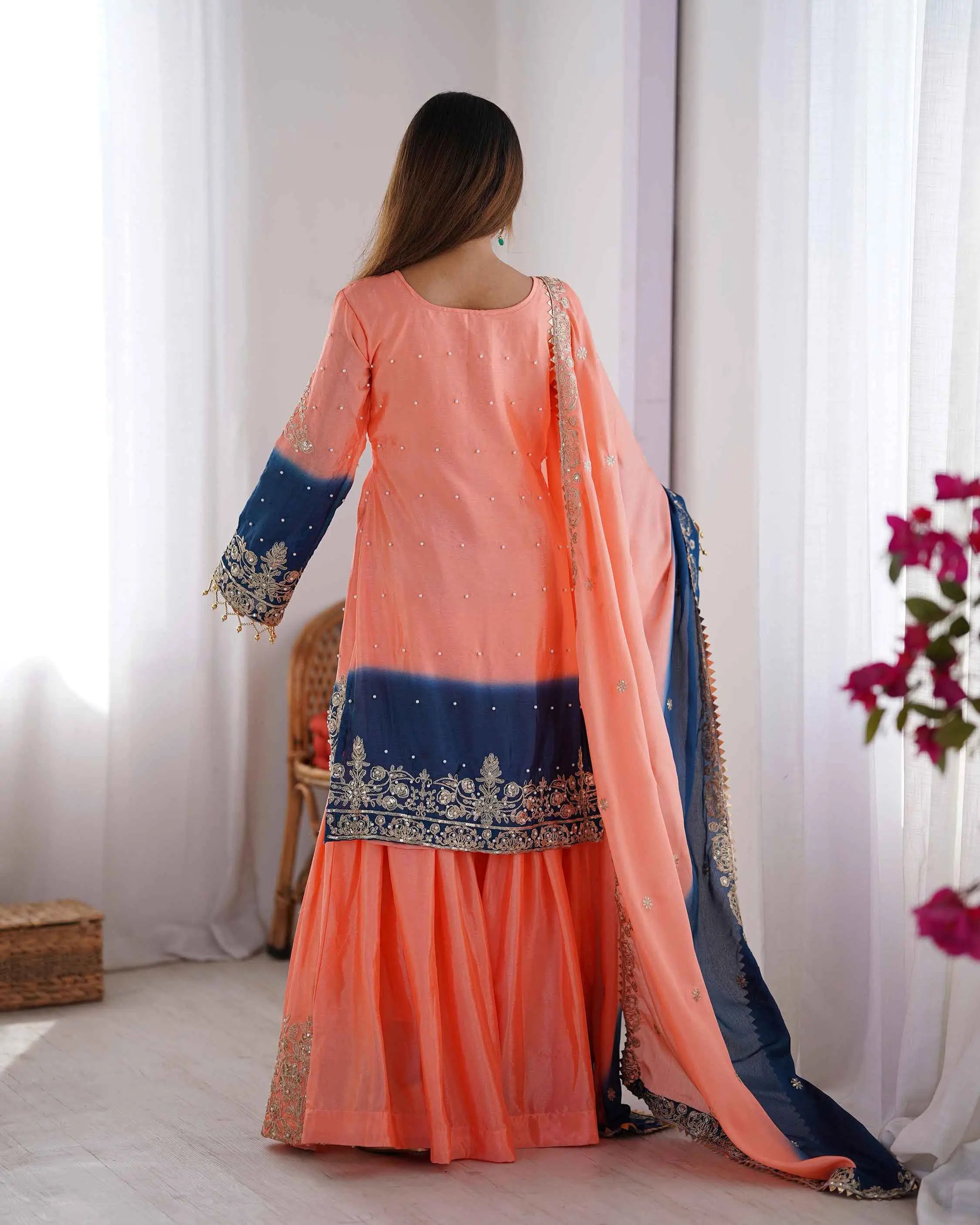 Peach Pink Cording Sequins Work With Rivet Moti Sharara Set With Dupatta - qivii