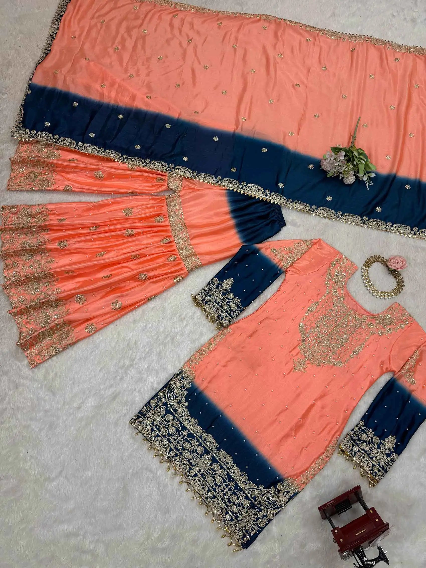 Peach Pink Cording Sequins Work With Rivet Moti Sharara Set With Dupatta - qivii