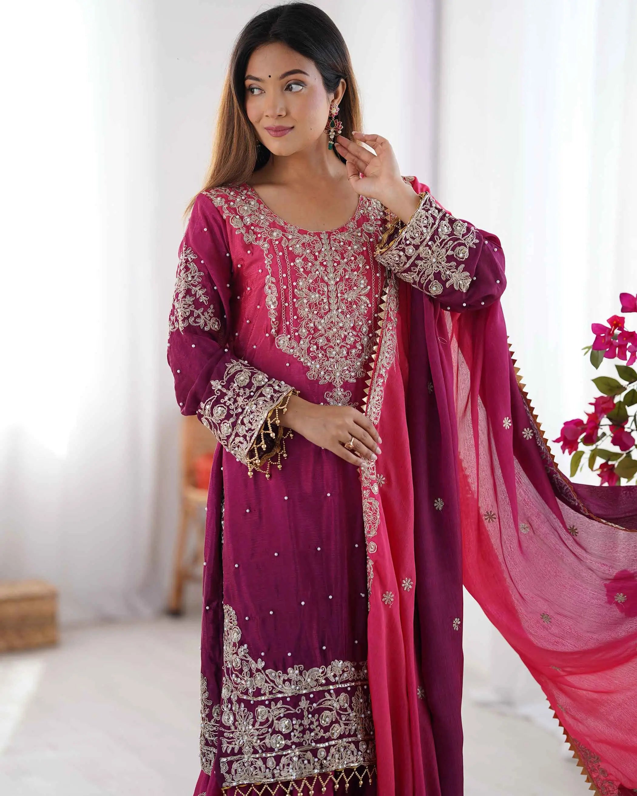 Wine Berry Cording Sequins Work With Rivet Moti Sharara Set With Dupatta